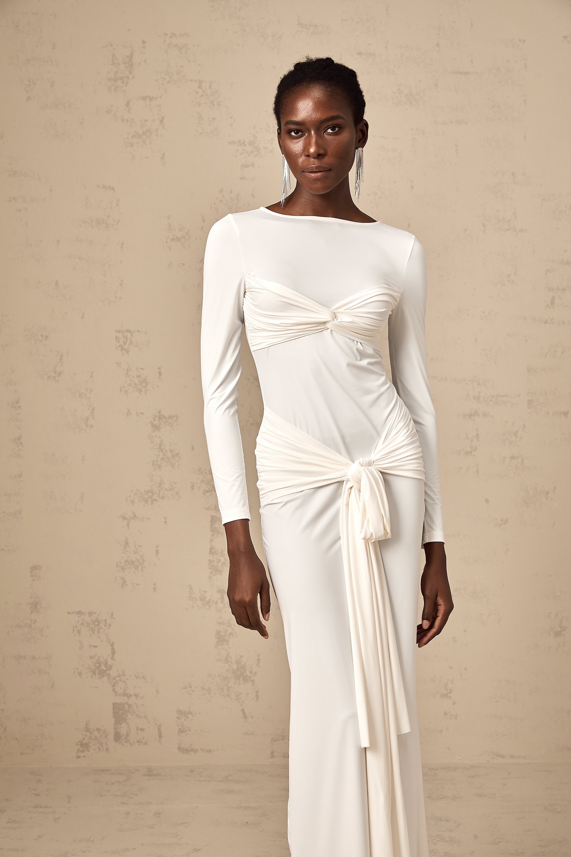 Elena white ribbon twist-detail ruched maxi dress