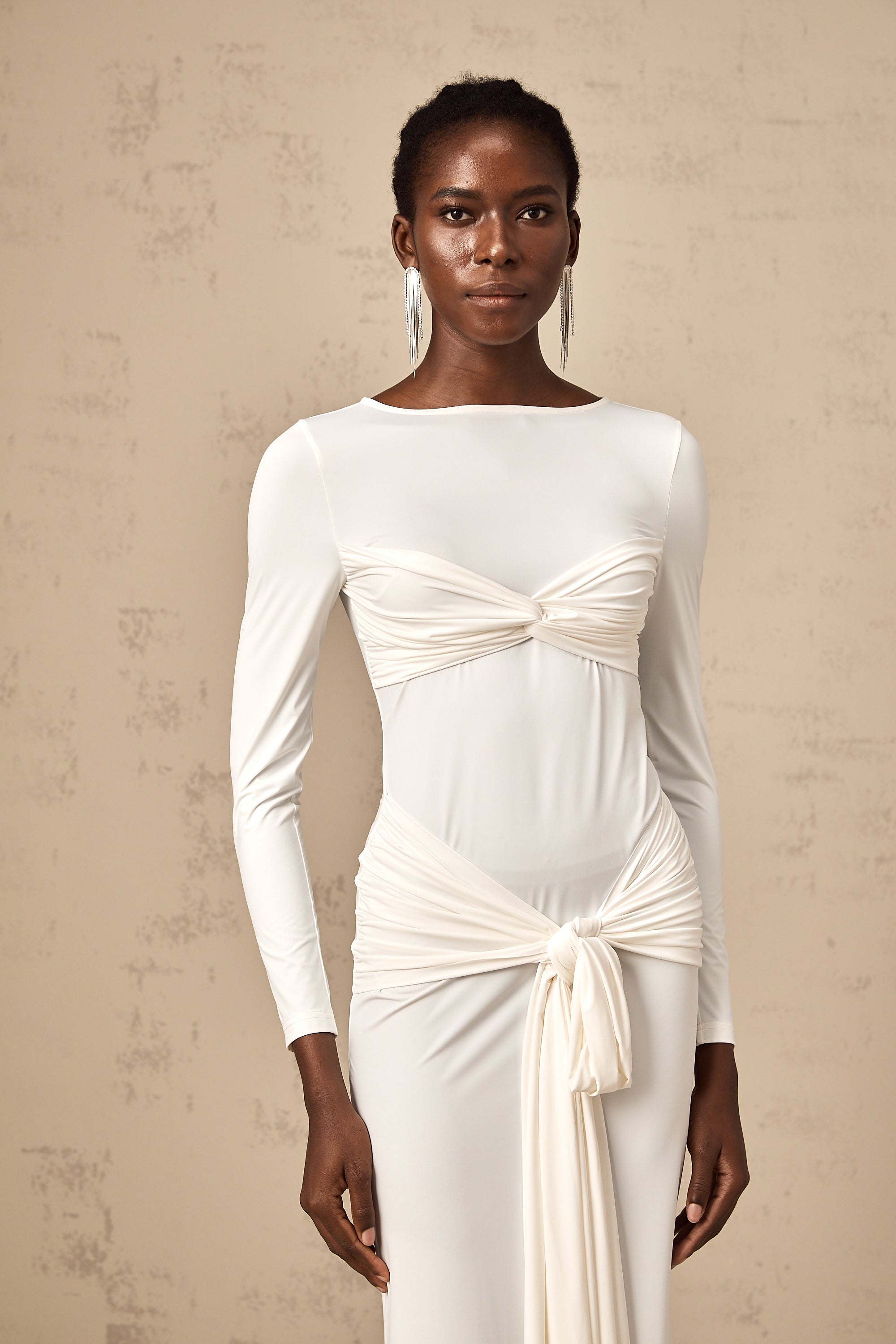 Elena white ribbon twist-detail ruched maxi dress