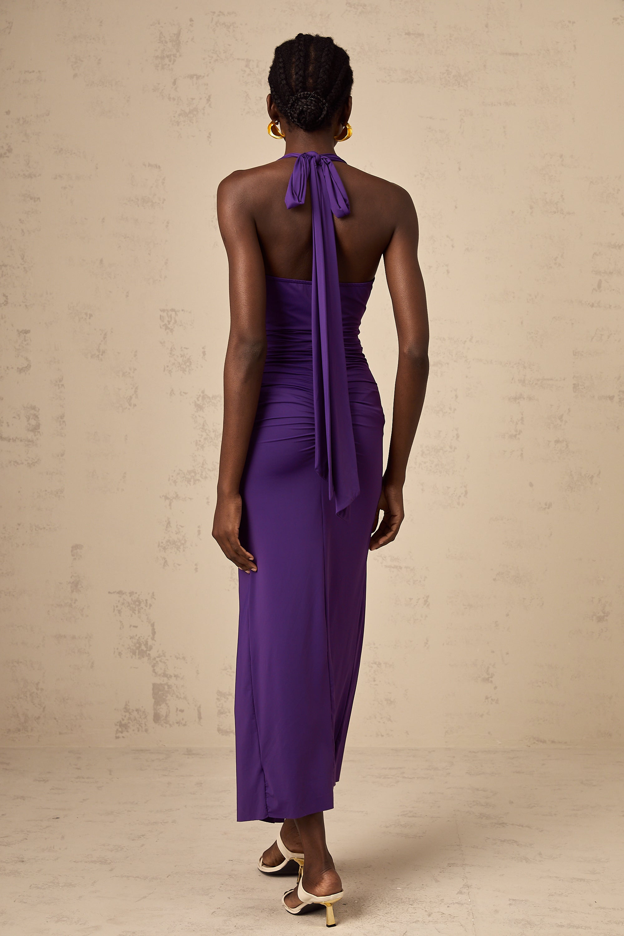 Renata purple halterneck ruched midi dress