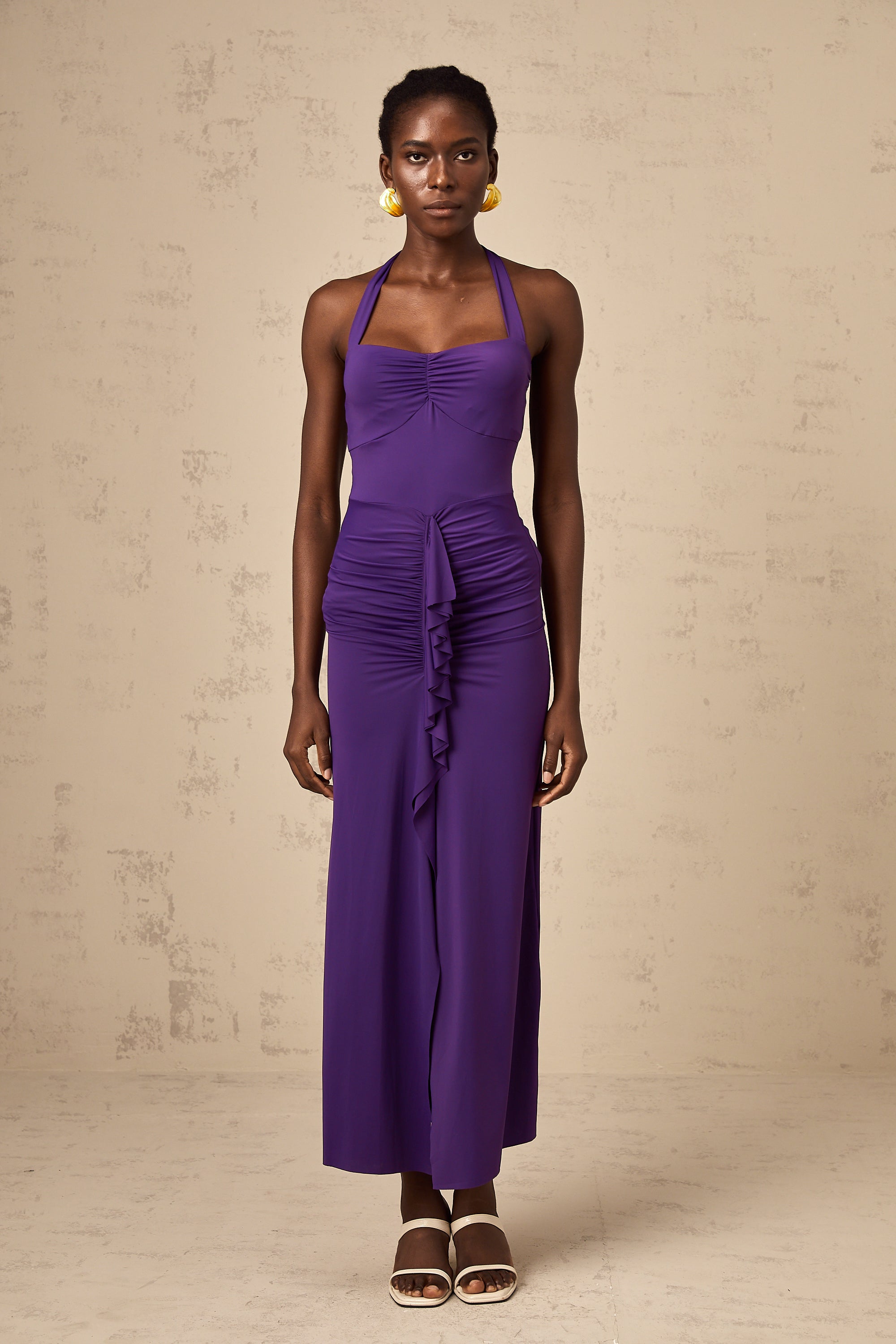 Renata purple halterneck ruched midi dress