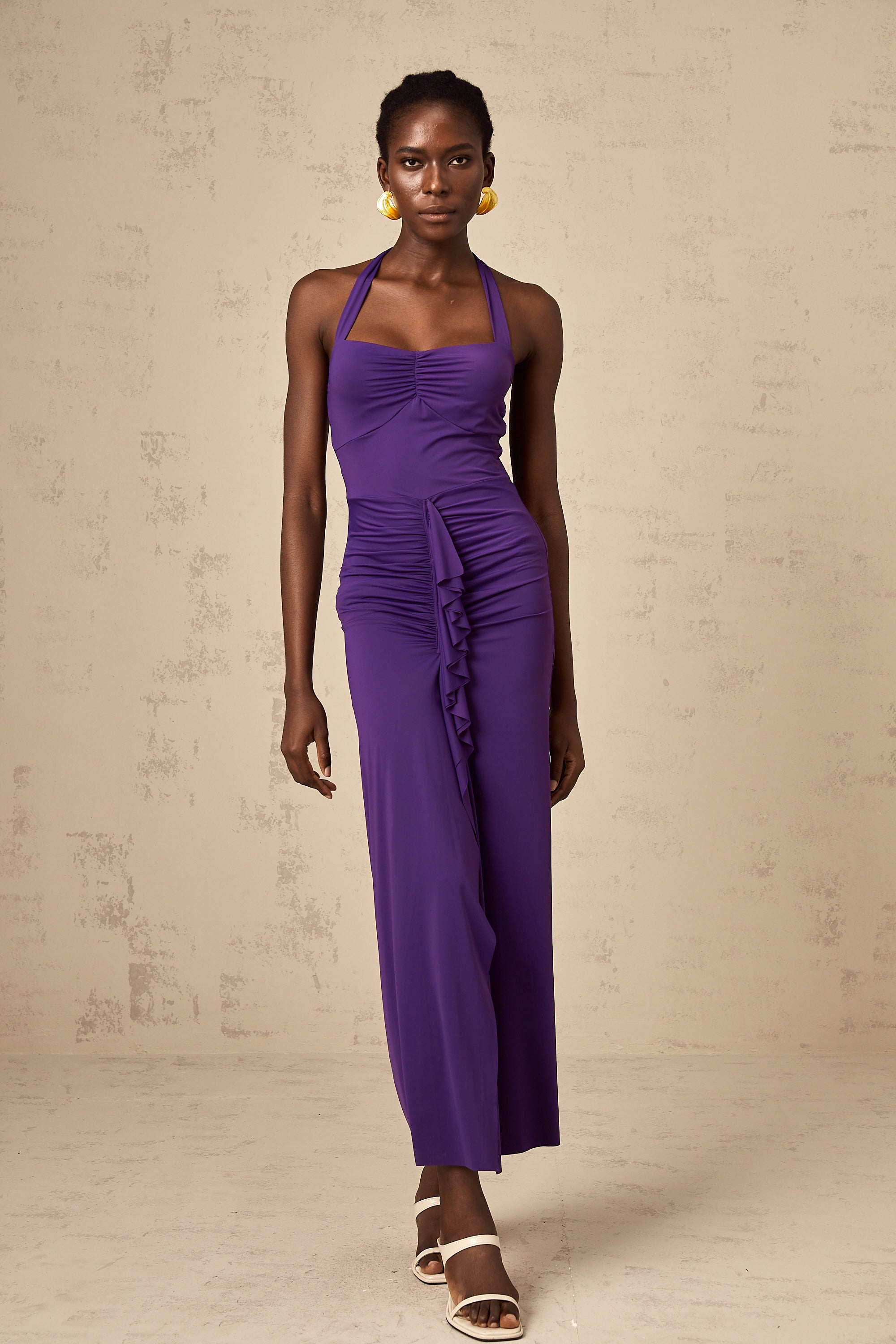 Renata purple halterneck ruched midi dress