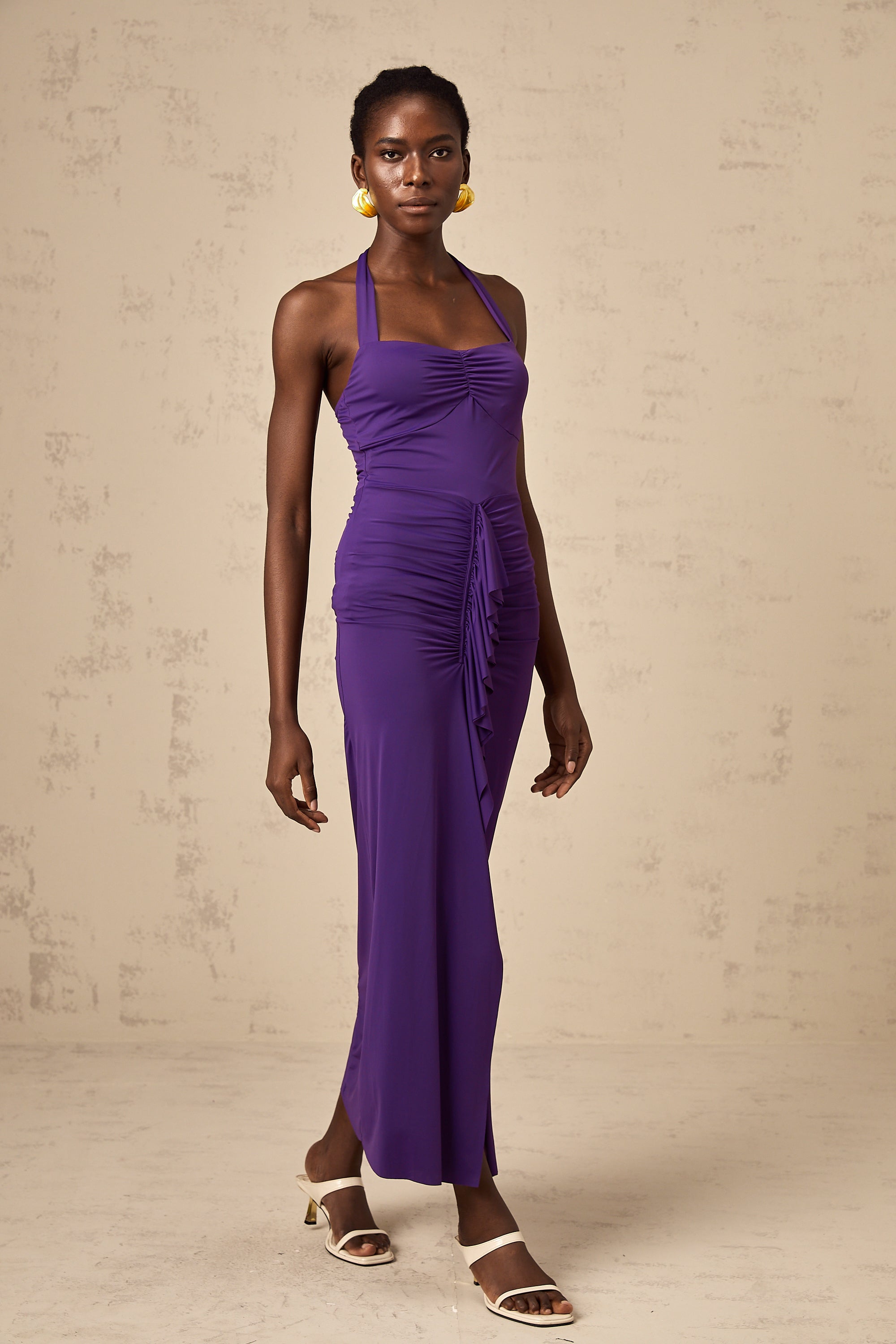 Renata purple halterneck ruched midi dress