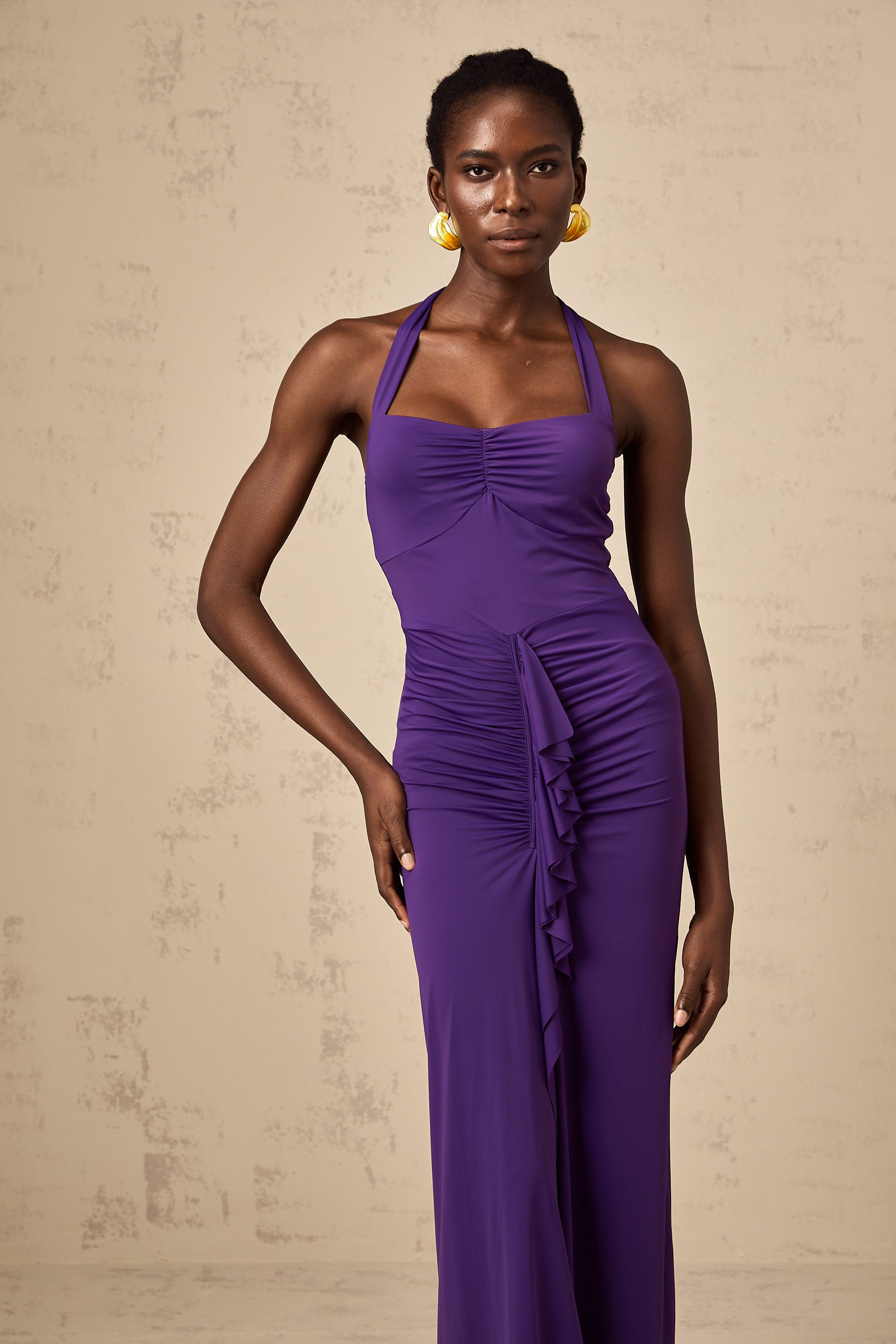 Renata purple halterneck ruched midi dress