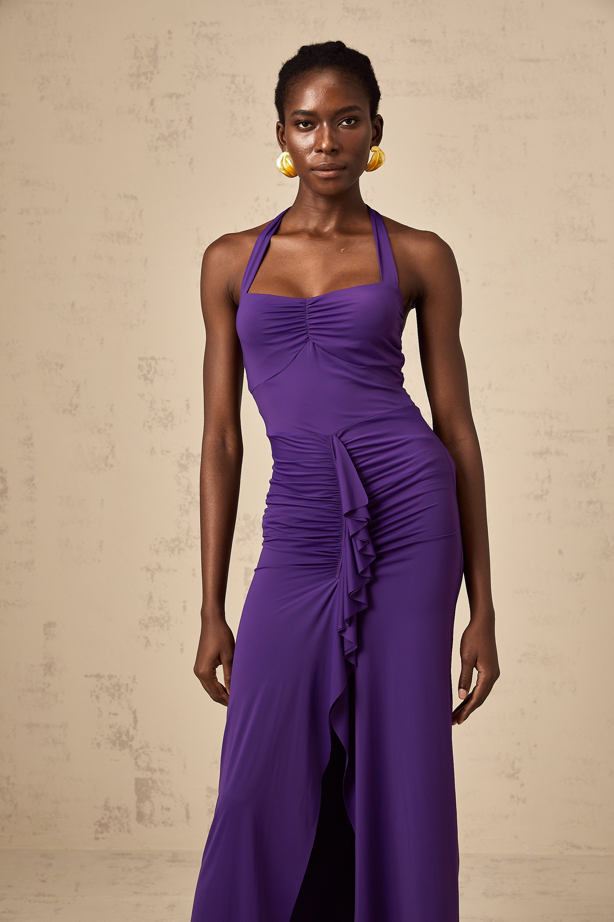 Renata purple halterneck ruched midi dress