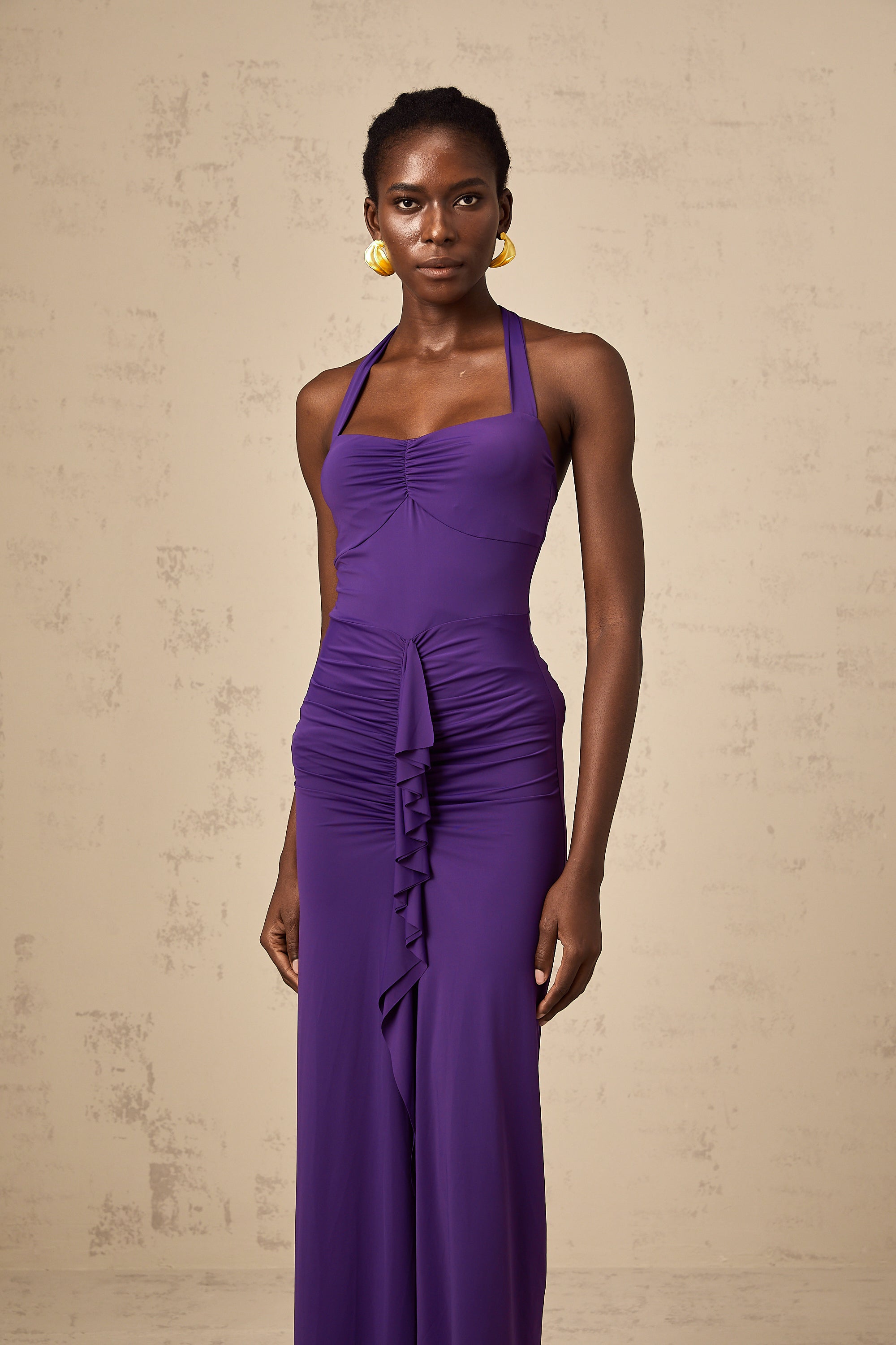 Renata purple halterneck ruched midi dress