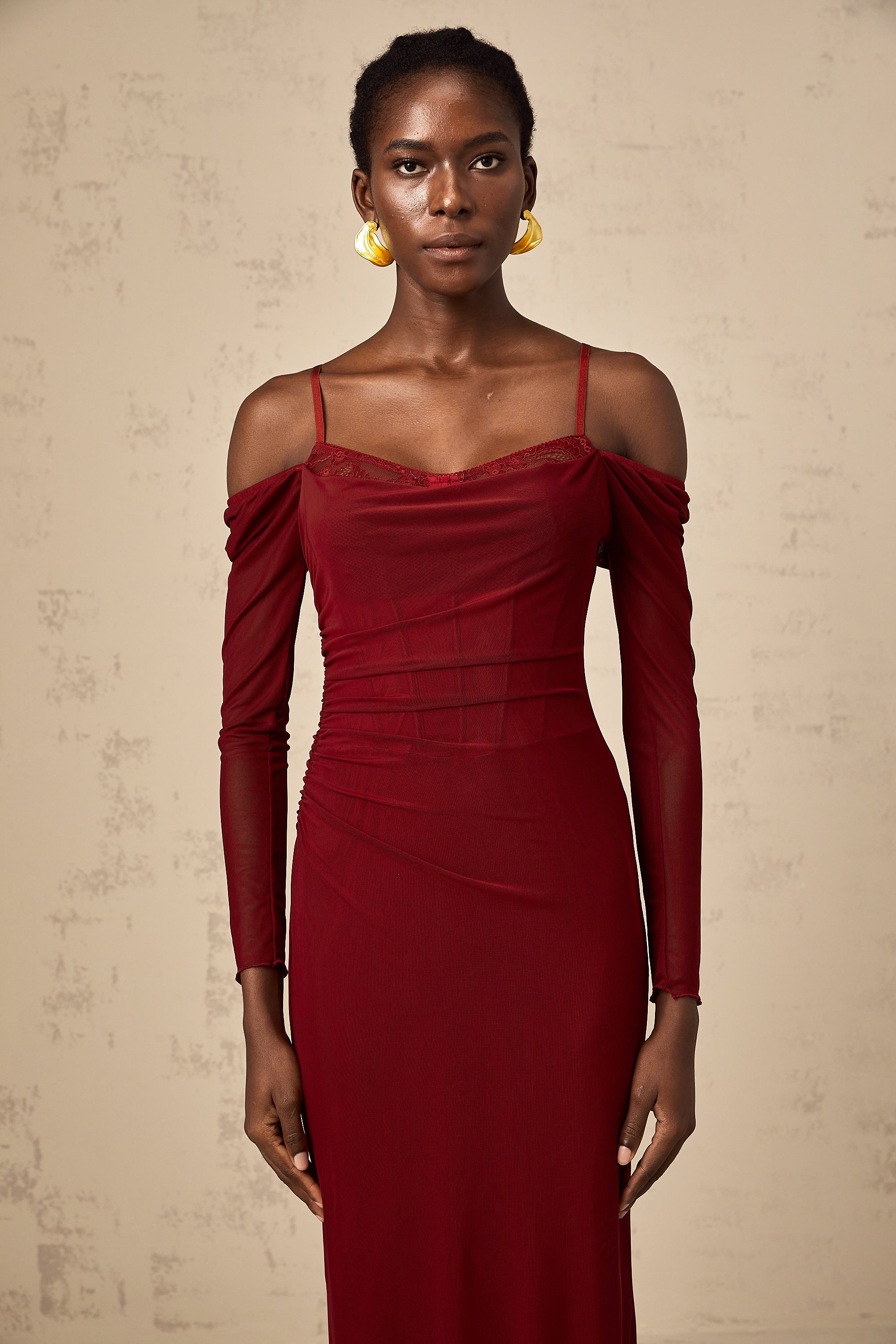 Céleste red lace-detail semi-sheer midi dress