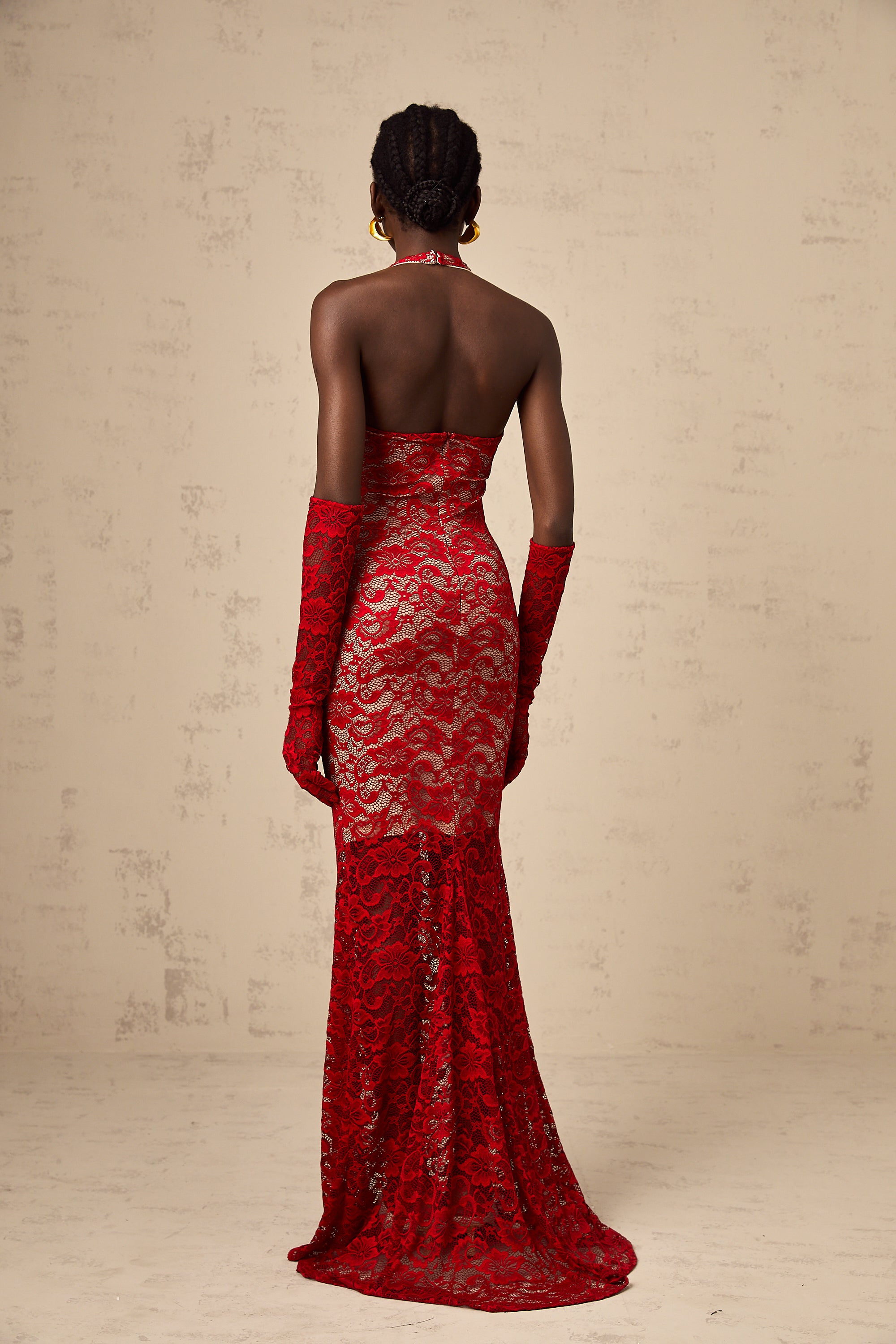 Gelsomina red guipure-lace floral maxi dress