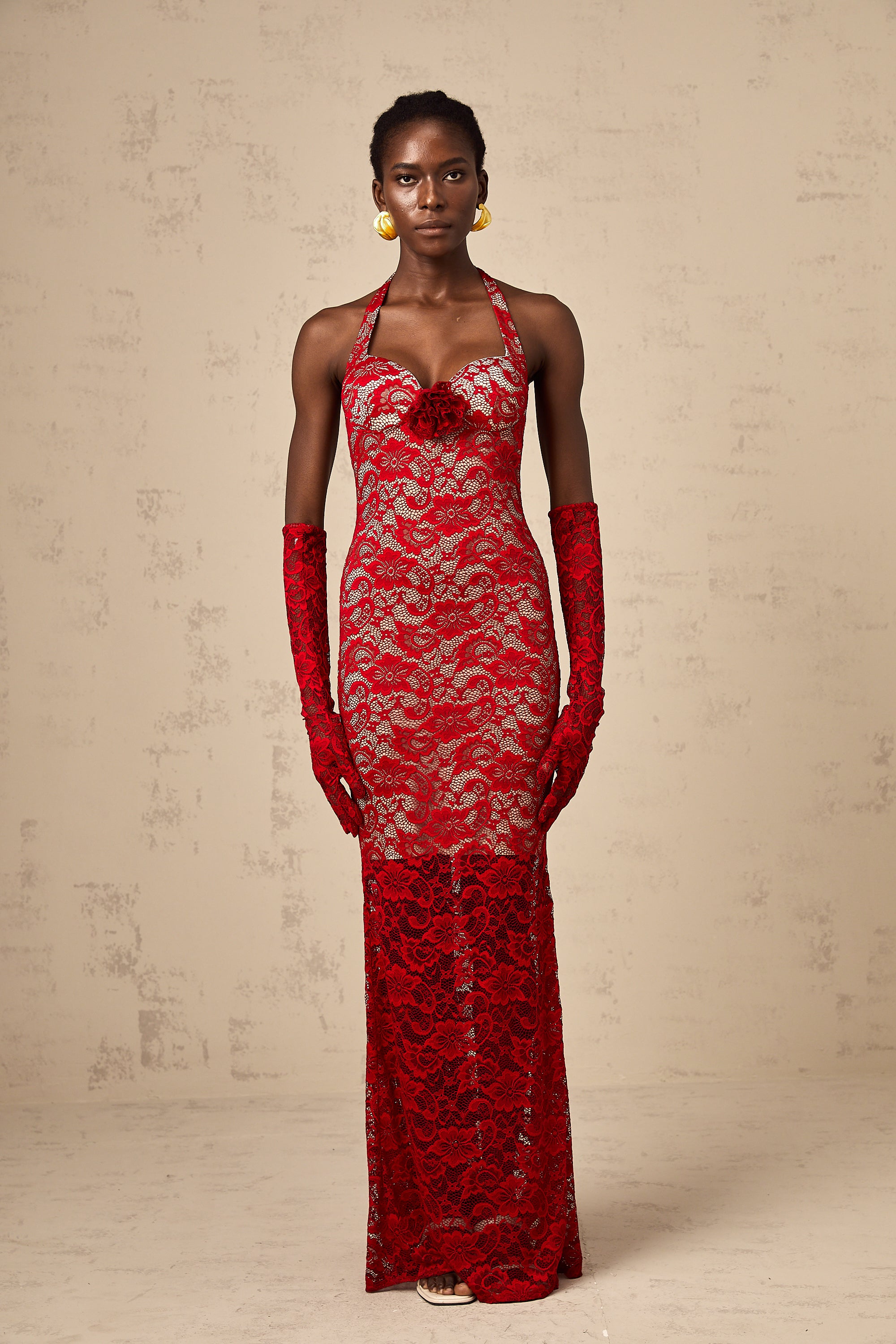 Gelsomina red guipure-lace floral maxi dress