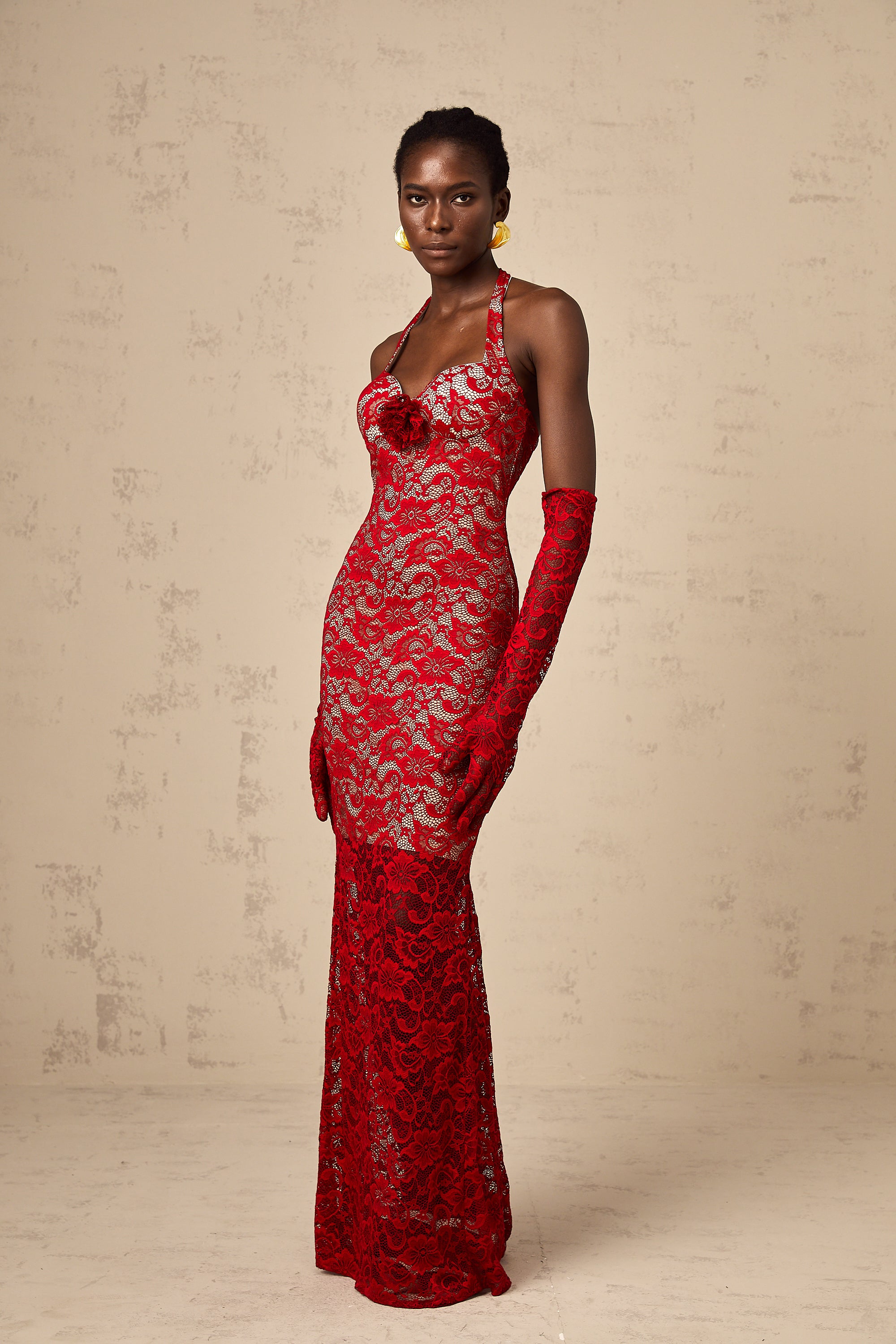 Gelsomina red guipure-lace floral maxi dress