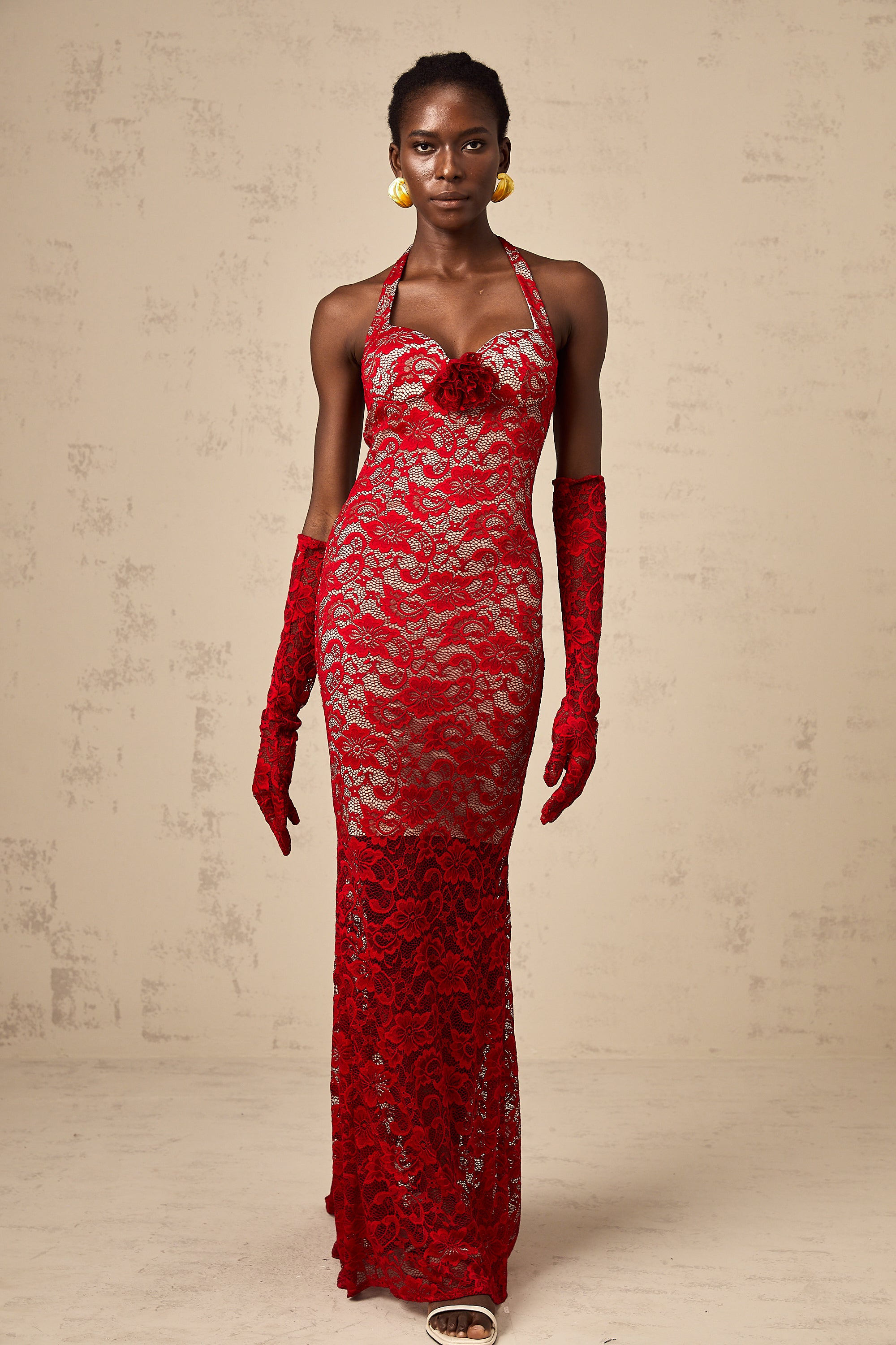 Gelsomina red guipure-lace floral maxi dress