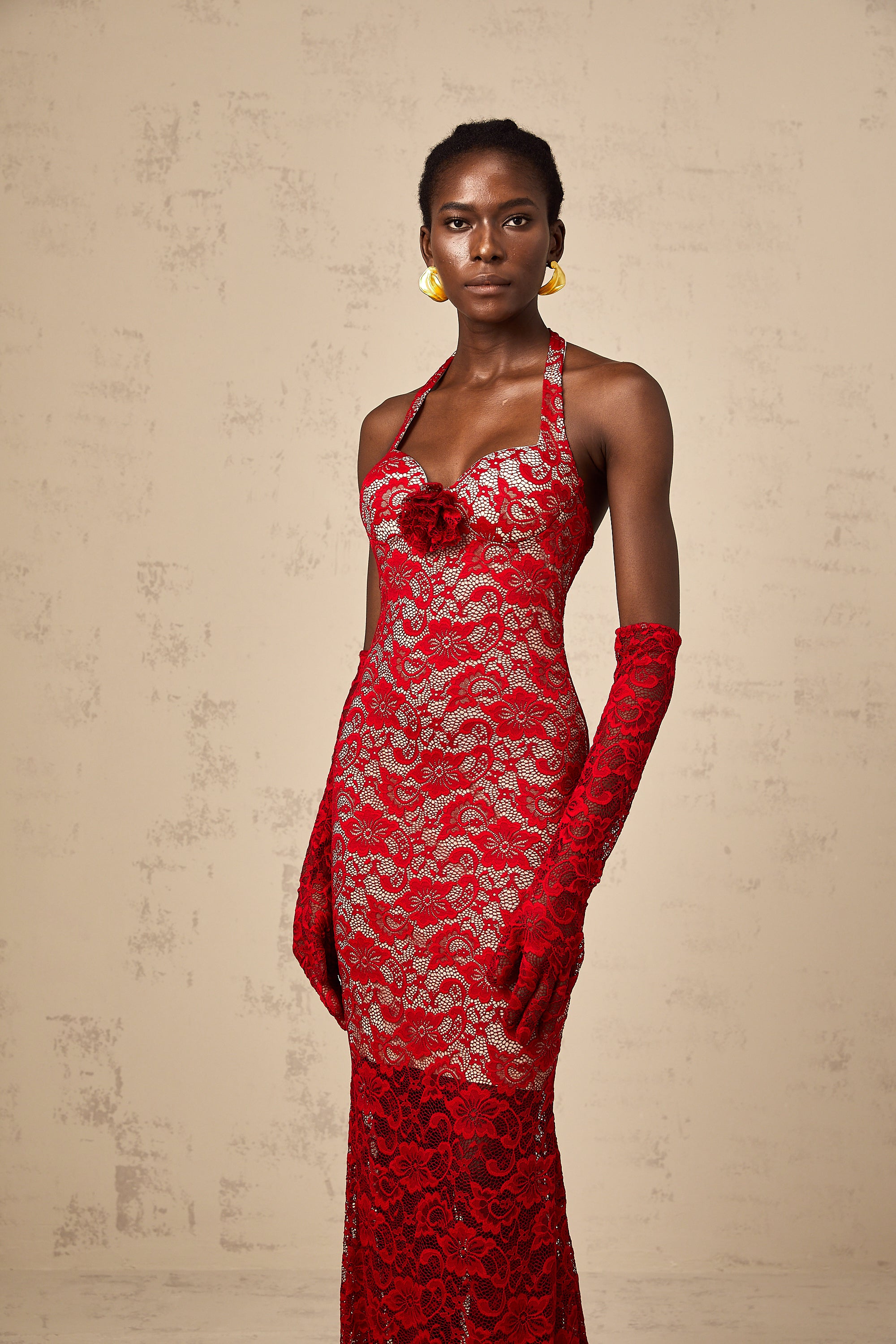 Gelsomina red guipure-lace floral maxi dress