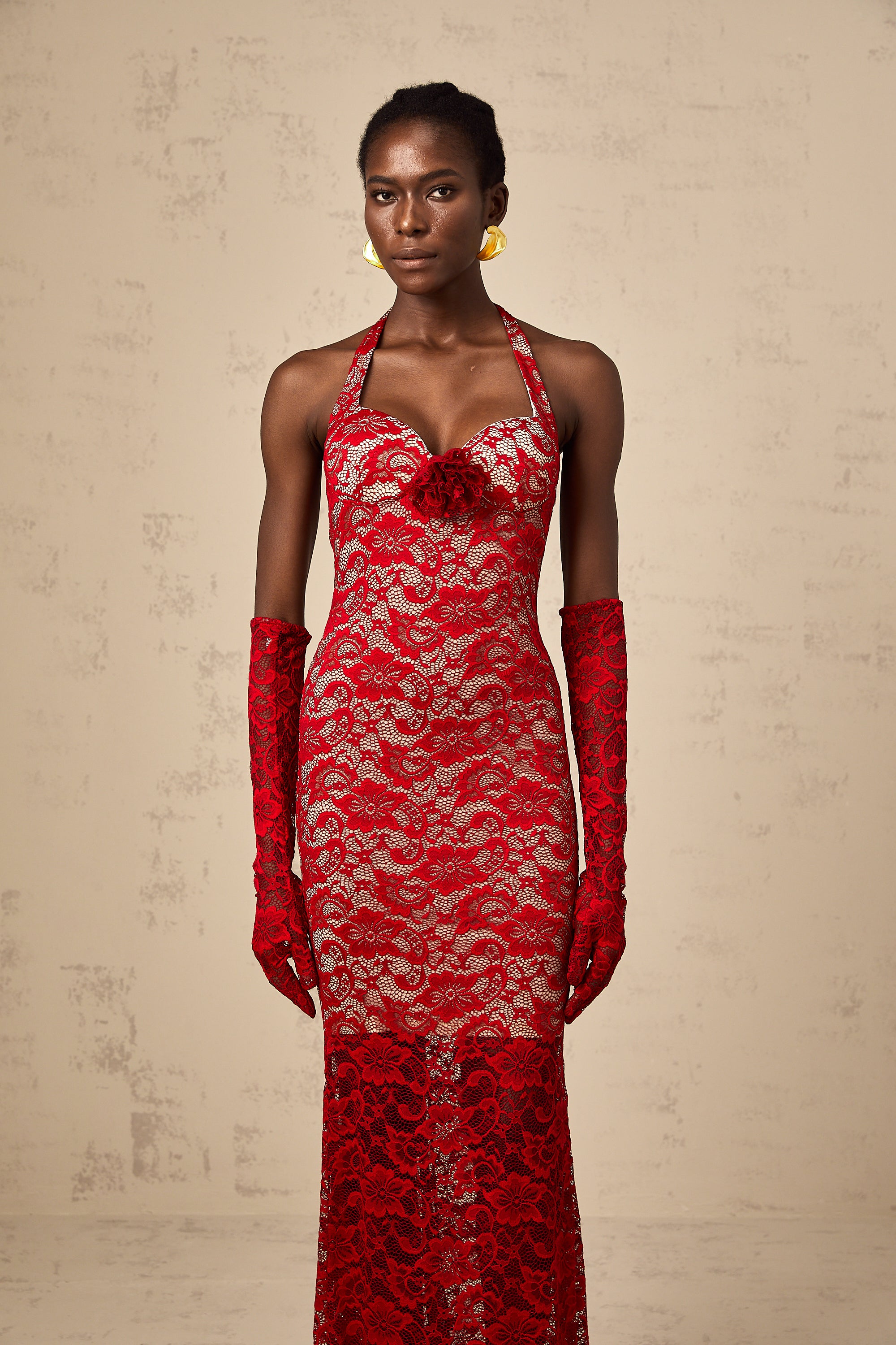 Gelsomina red guipure-lace floral maxi dress