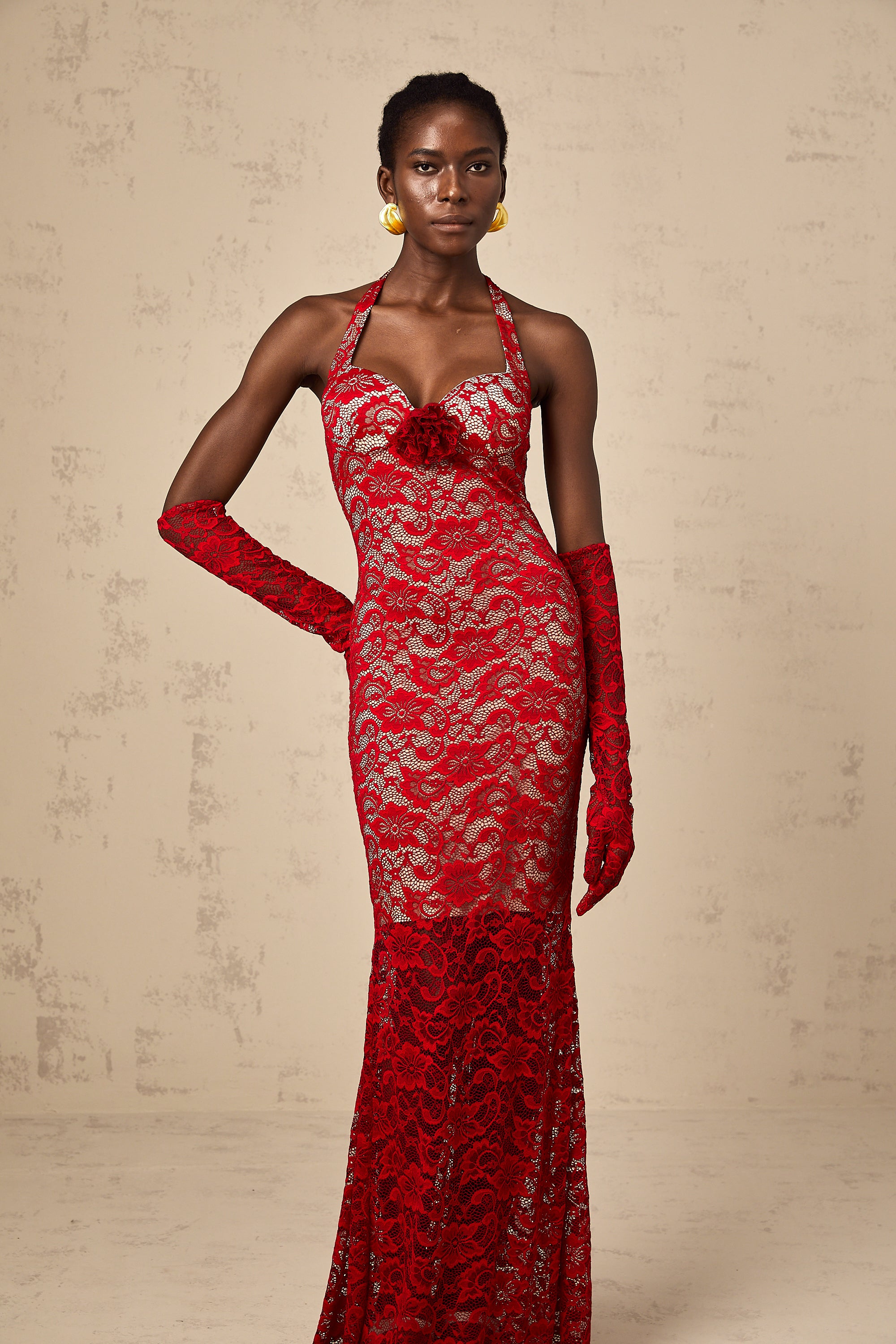 Gelsomina red guipure-lace floral maxi dress