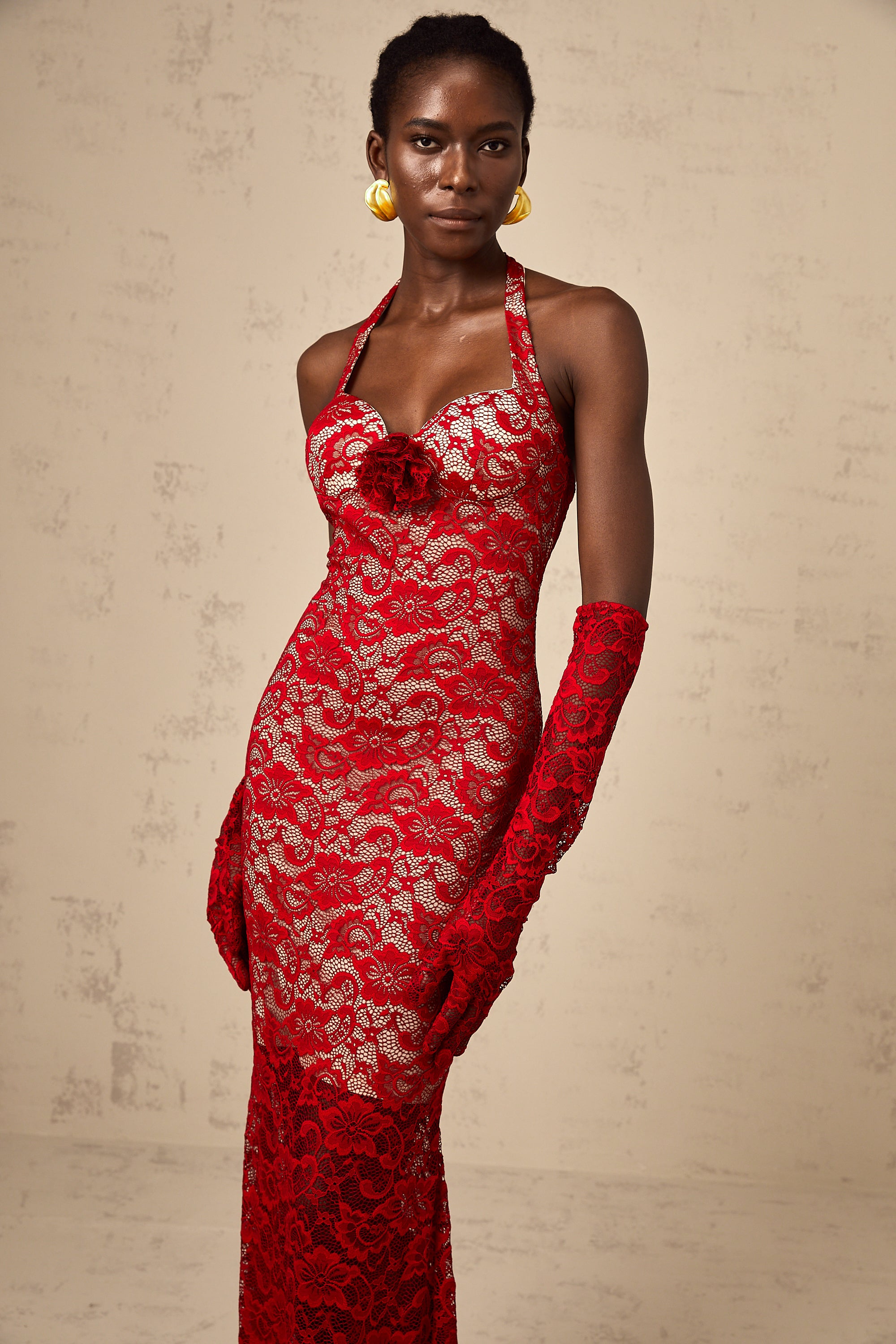 Gelsomina red guipure-lace floral maxi dress