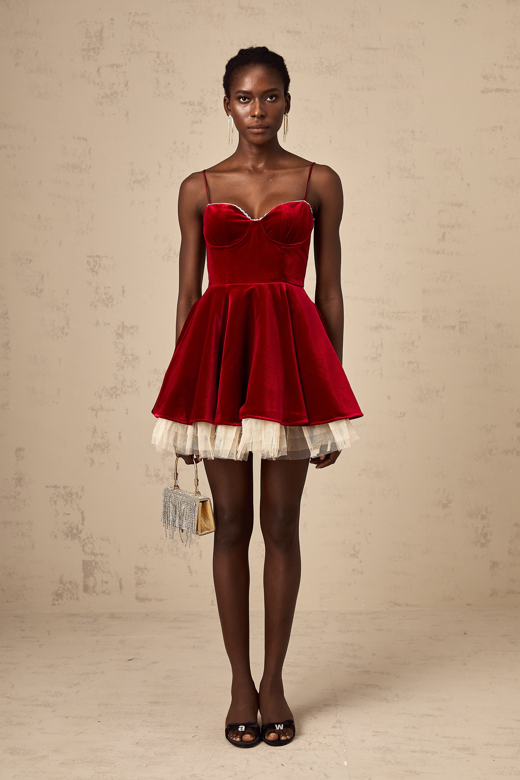 Saira velvet tulle flared mini dress in Red