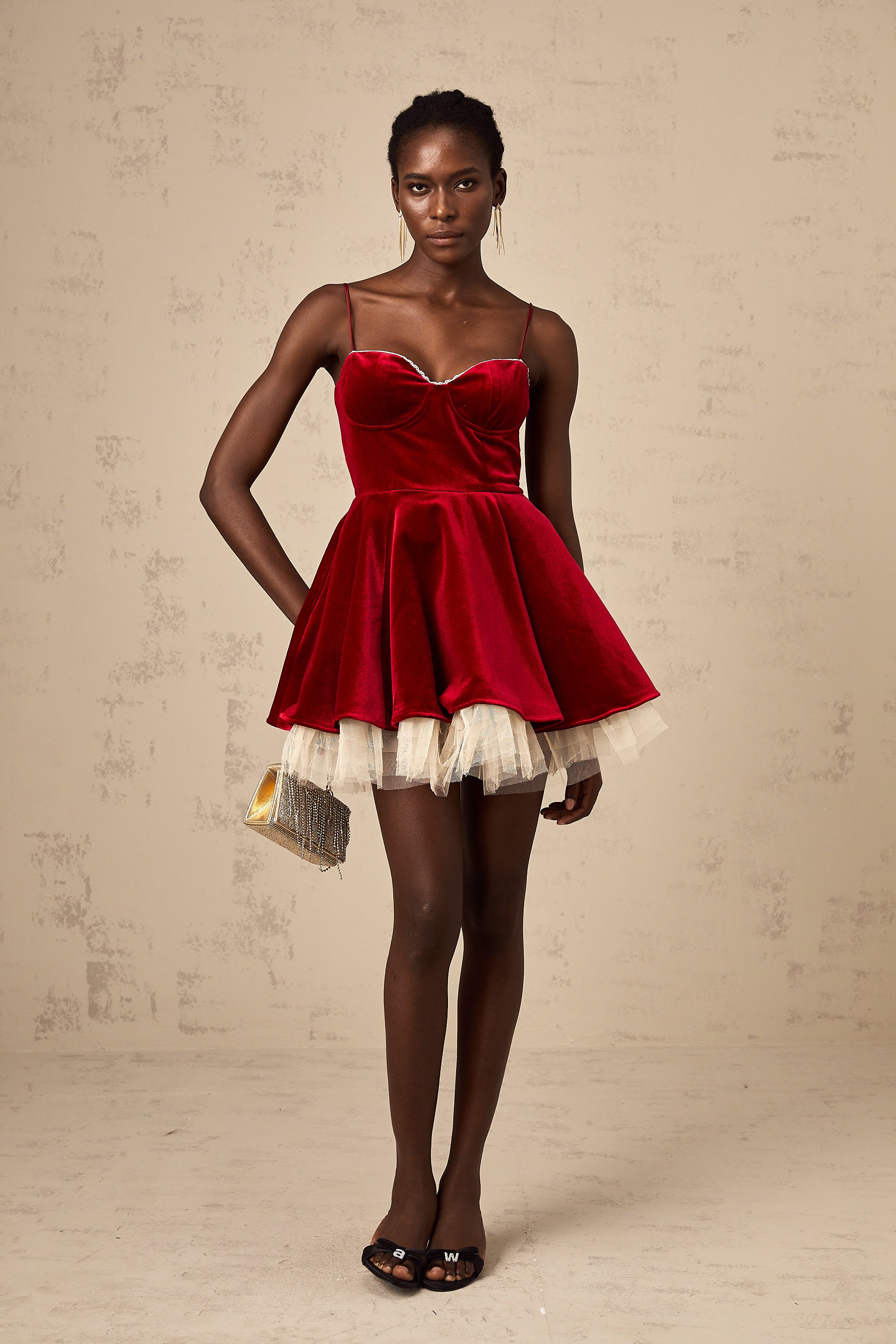 Saira velvet tulle flared mini dress in Red