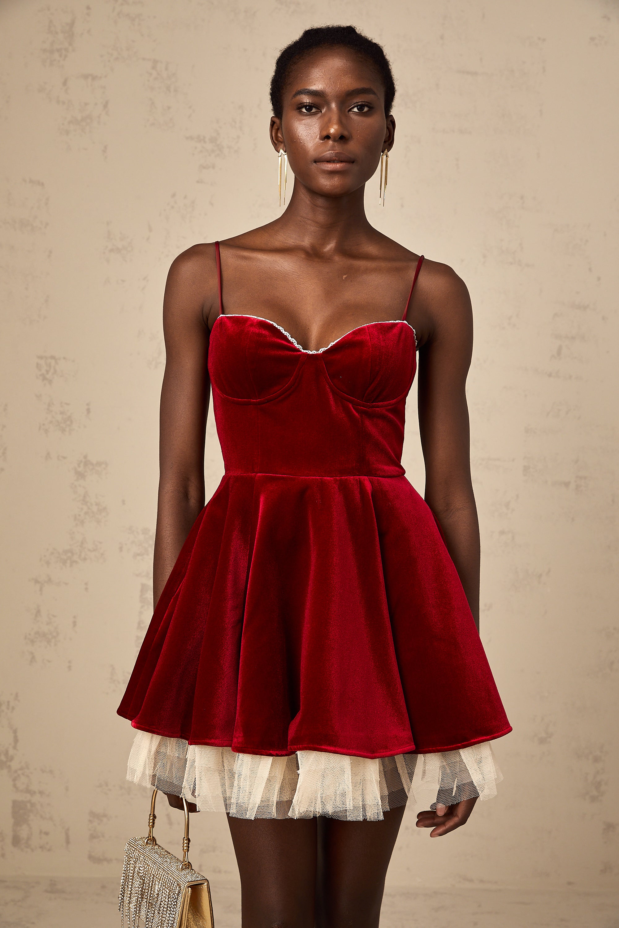 Saira velvet tulle flared mini dress in Red