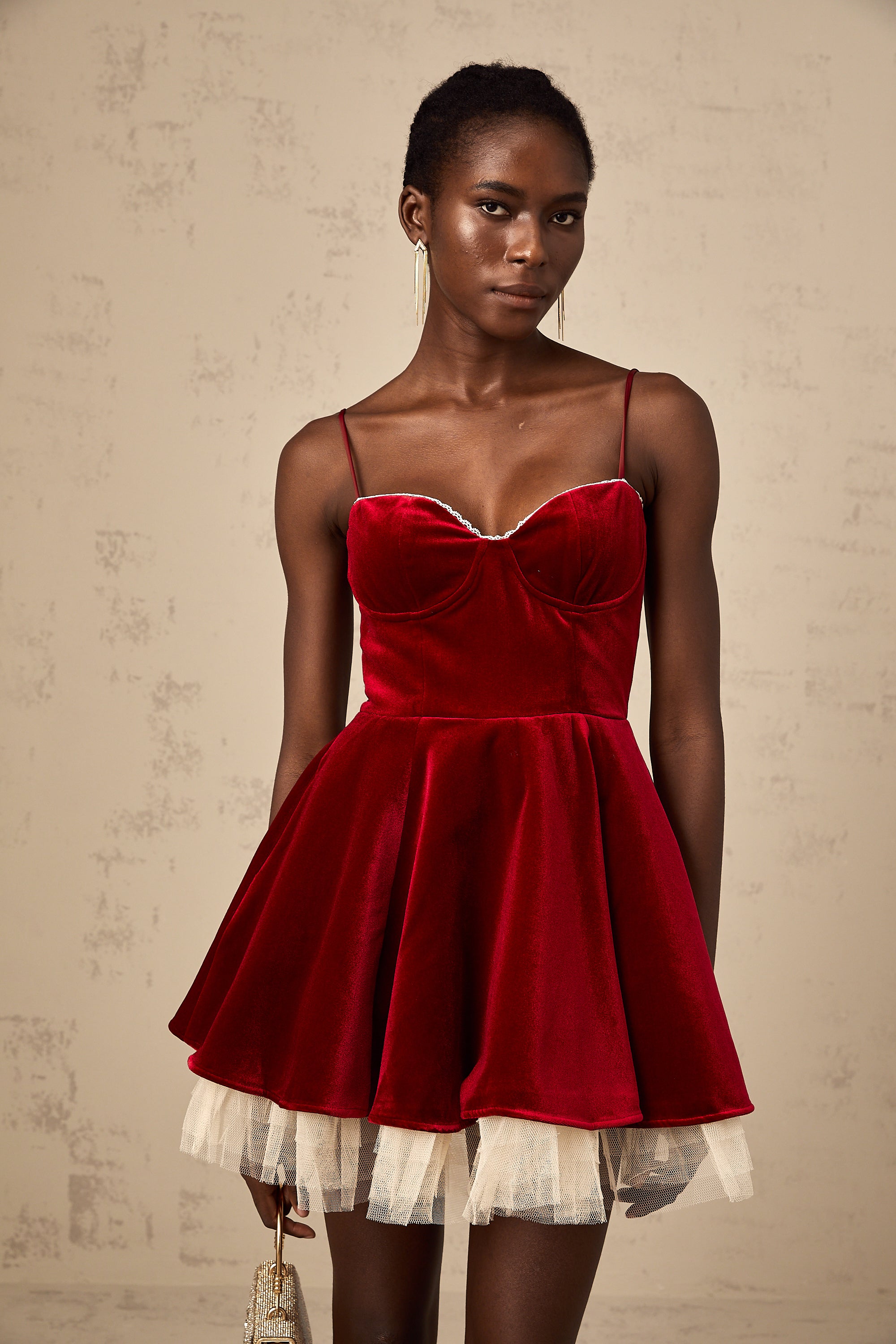 Saira velvet tulle flared mini dress in Red