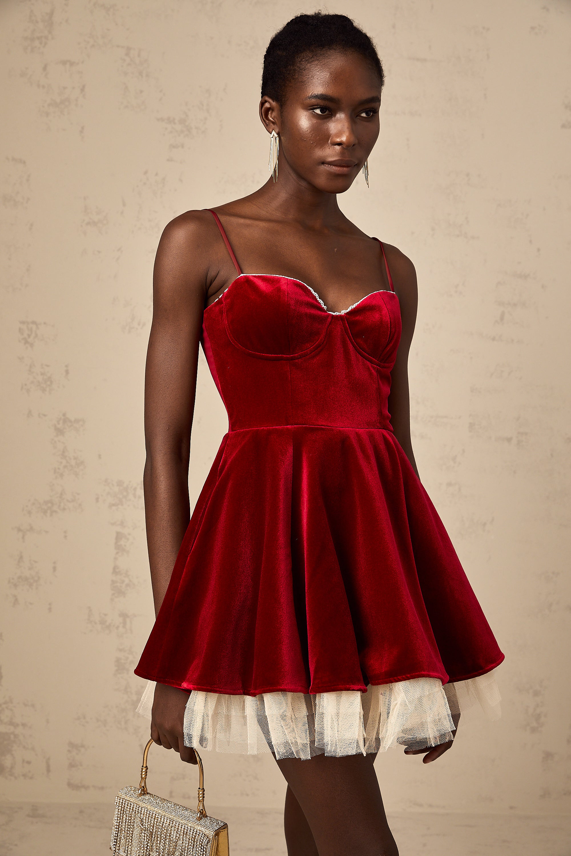 Saira velvet tulle flared mini dress in Red