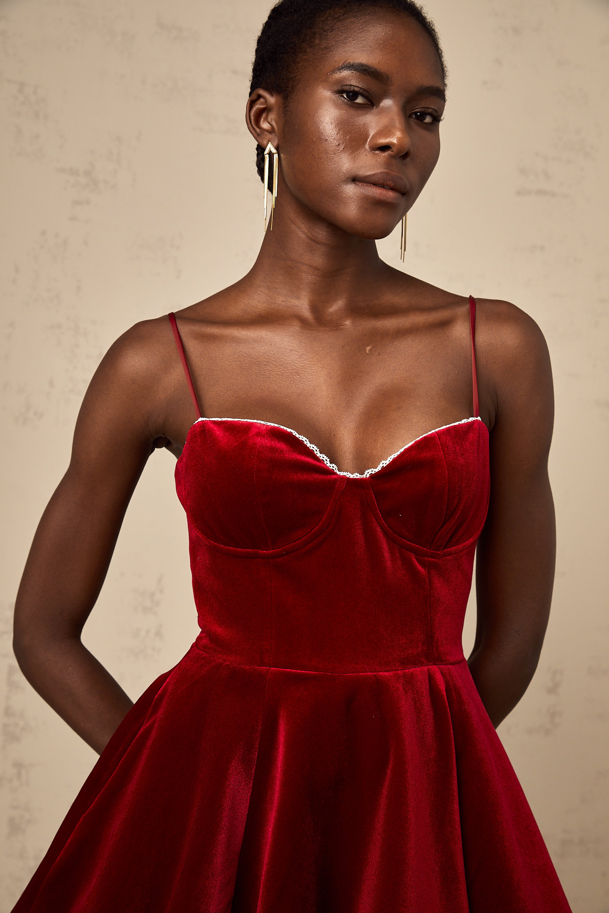 Saira velvet tulle flared mini dress in Red