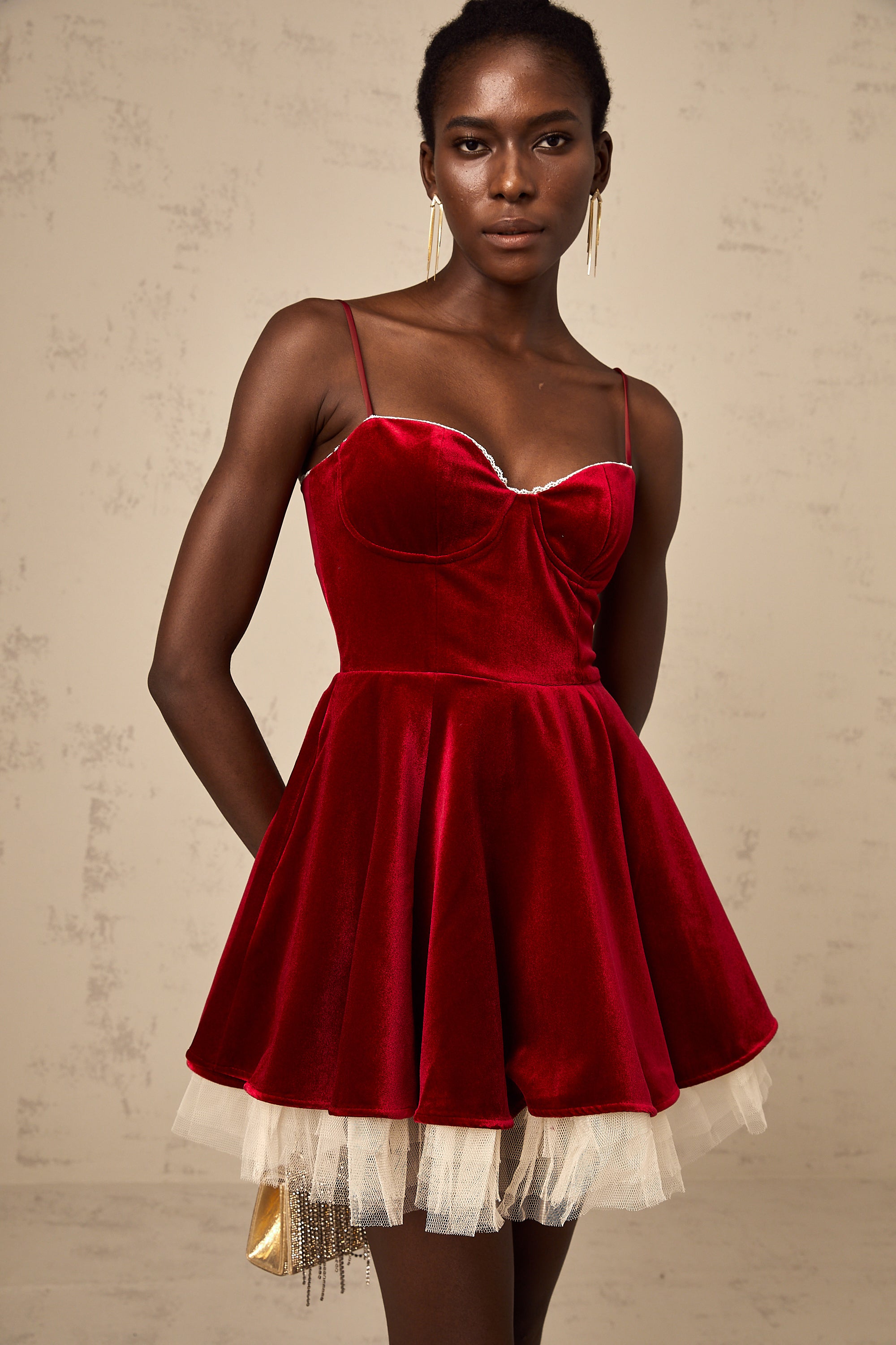 Saira velvet tulle flared mini dress in Red