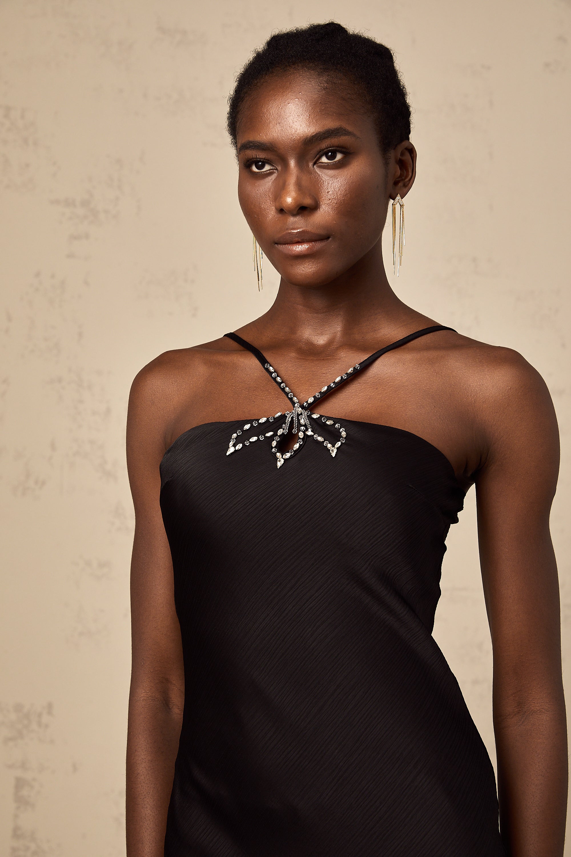 Célia black crystal keyhole-detail midi dress