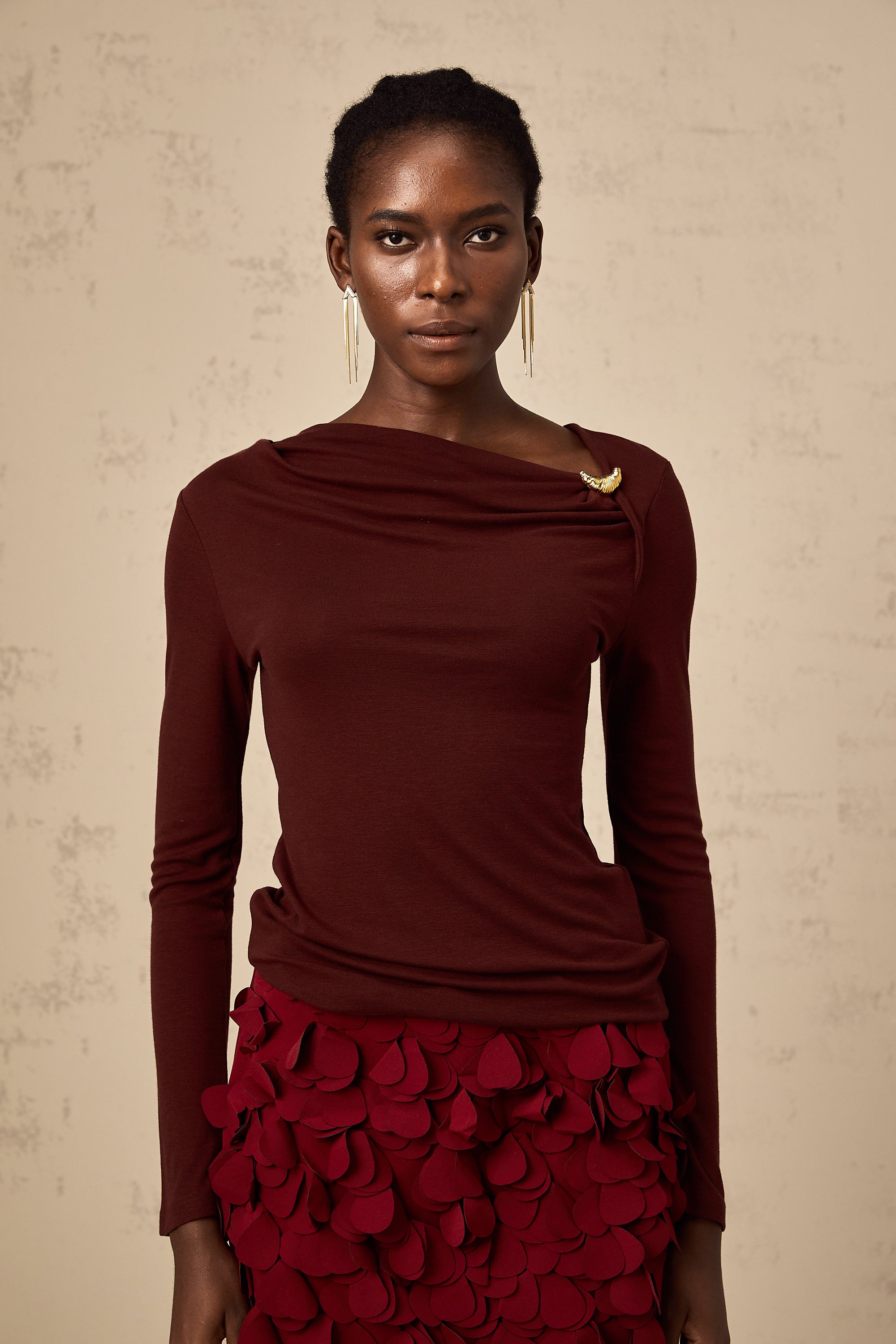 Alita wine-red cowl-neck blouse