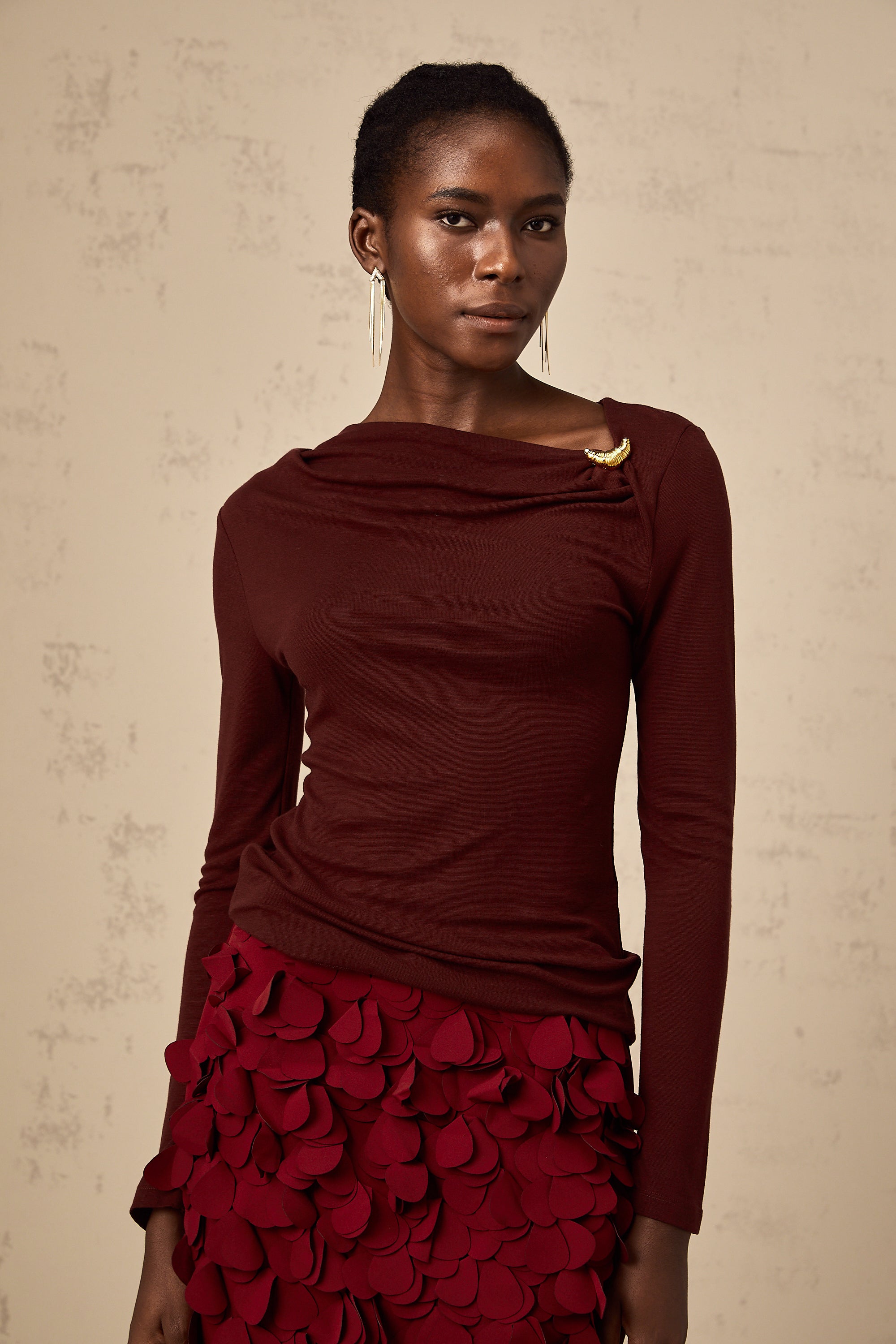 Alita wine-red cowl-neck blouse