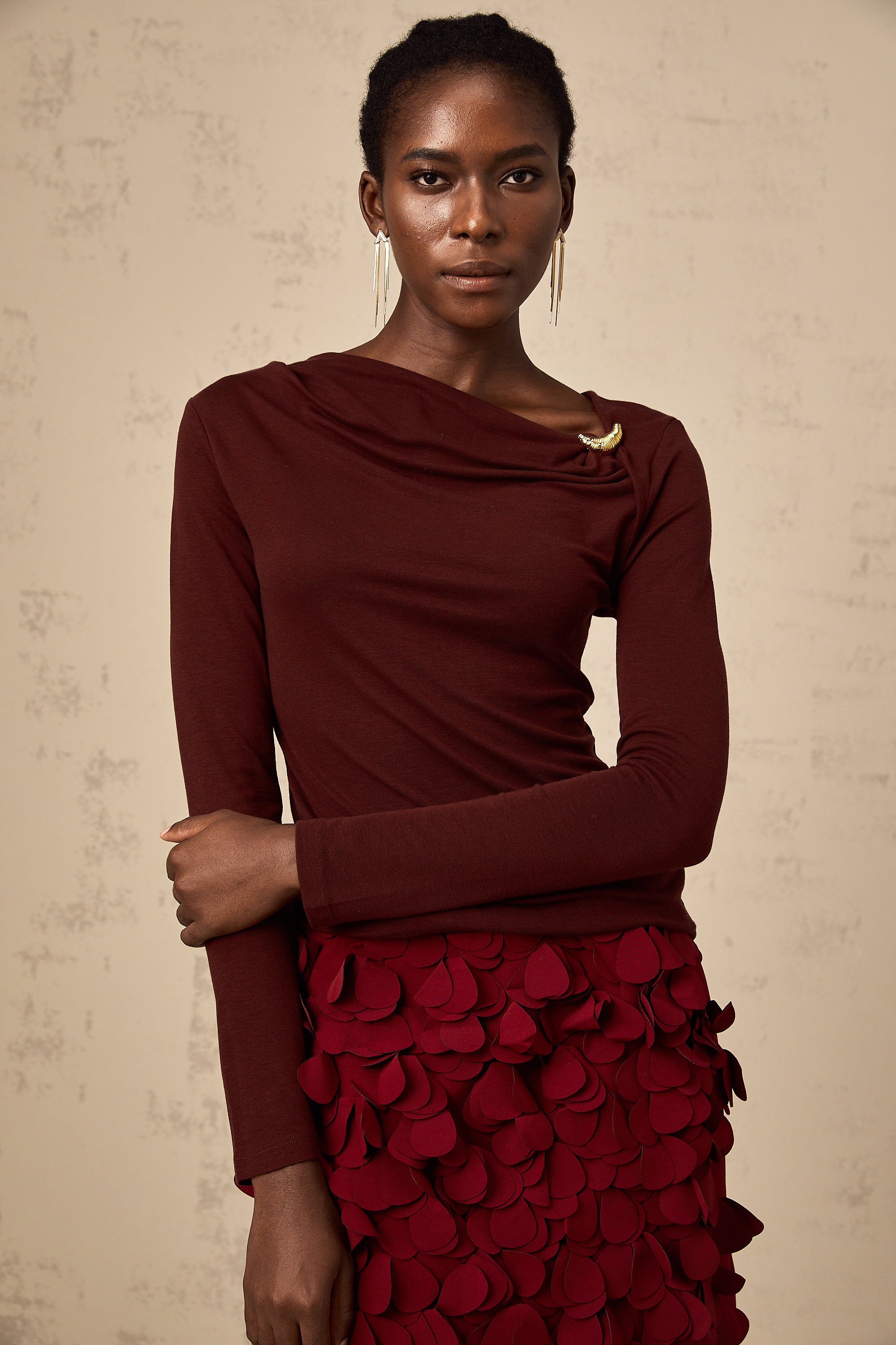 Alita wine-red cowl-neck blouse