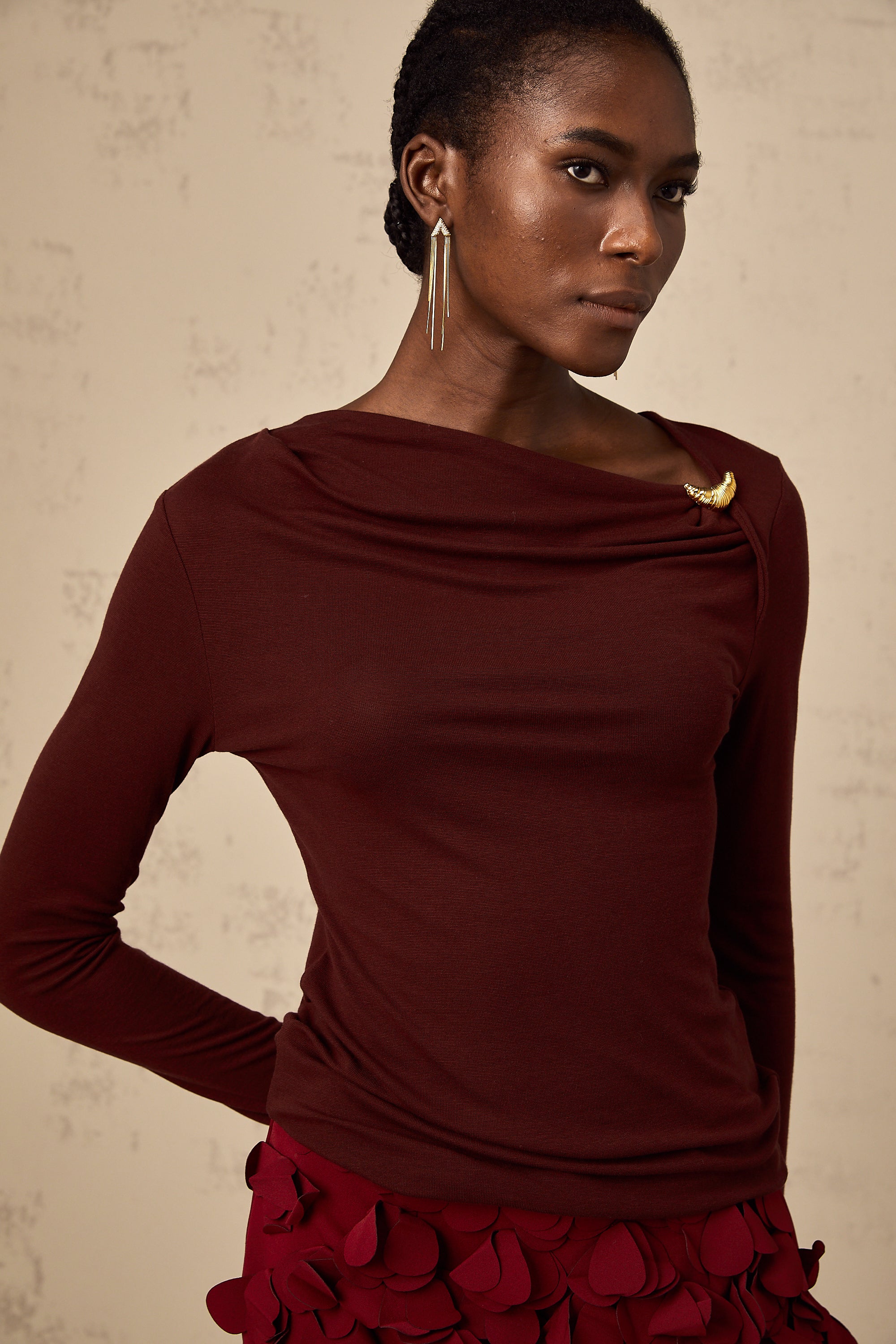 Alita wine-red cowl-neck blouse