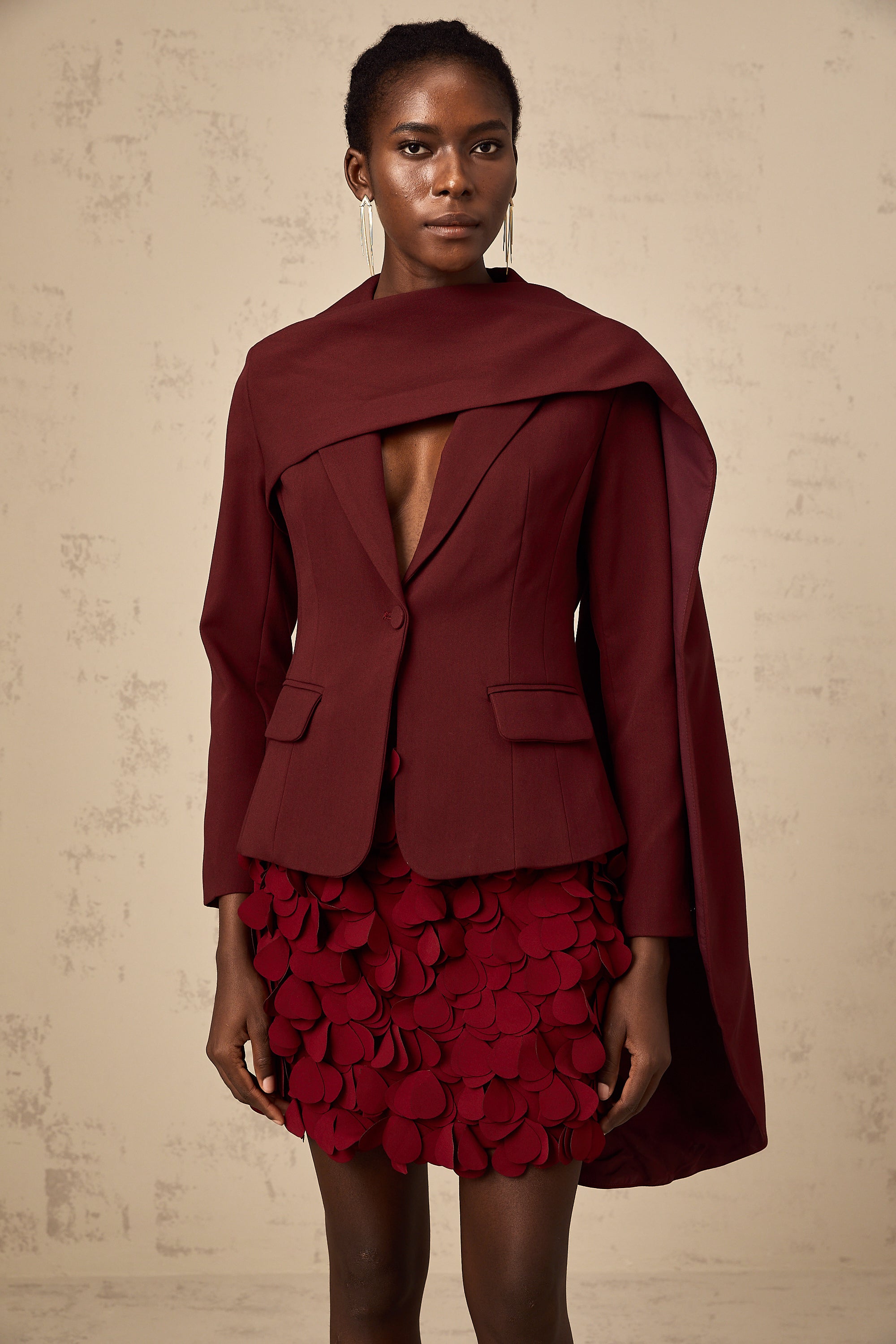 Coralie shawl-detailed jacket in Wine