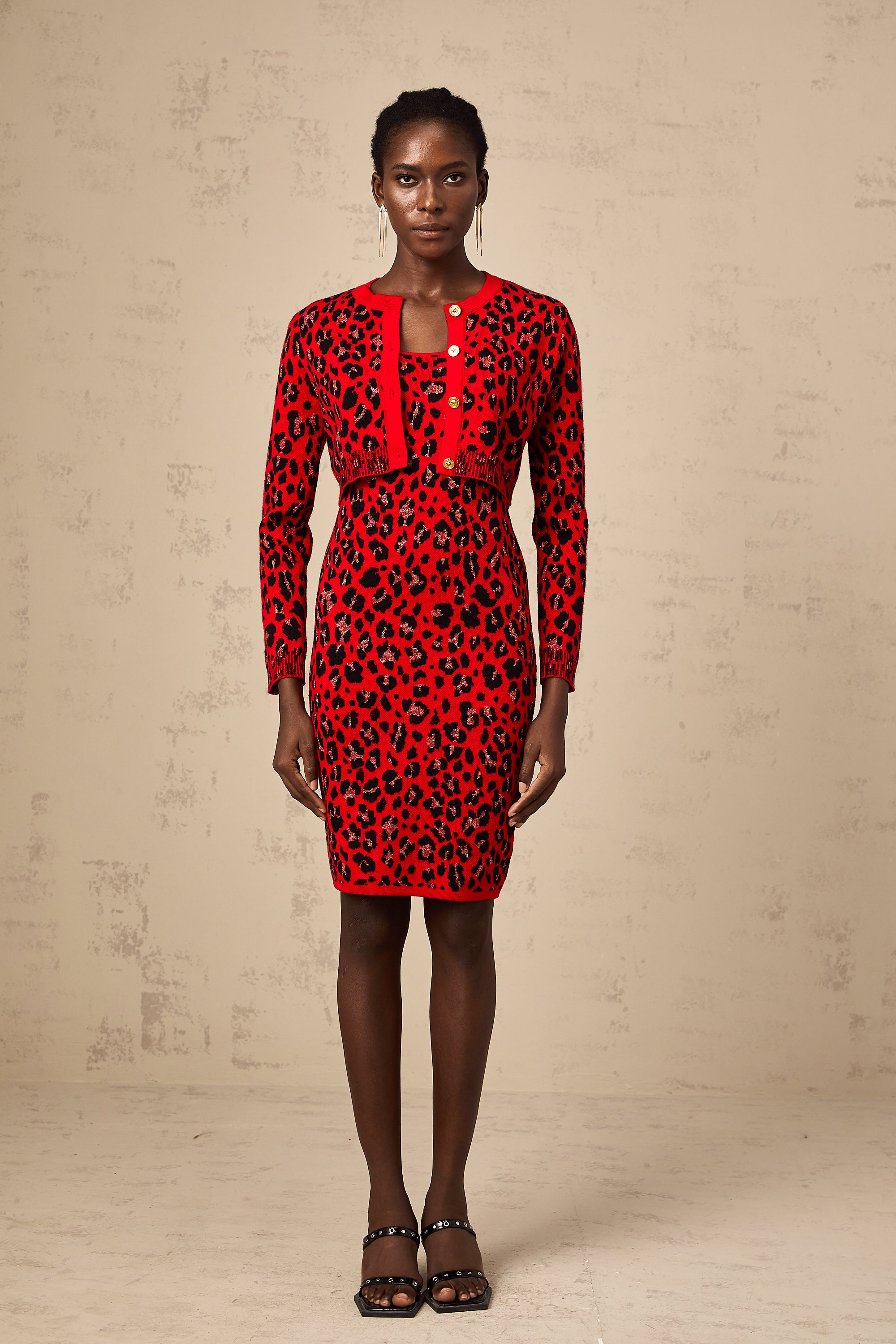 Honorine red leopard-print lurex cardigan