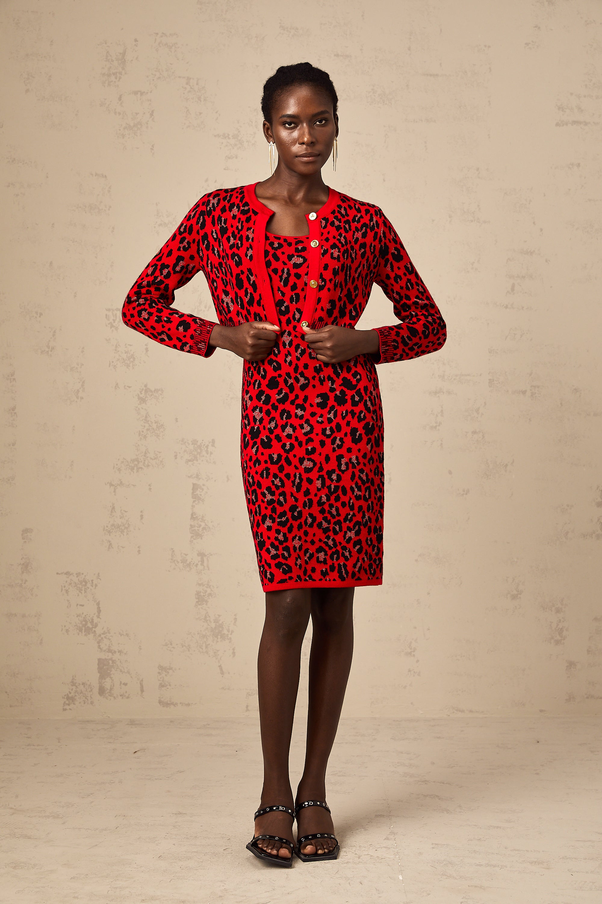 Honorine red leopard-print lurex cardigan