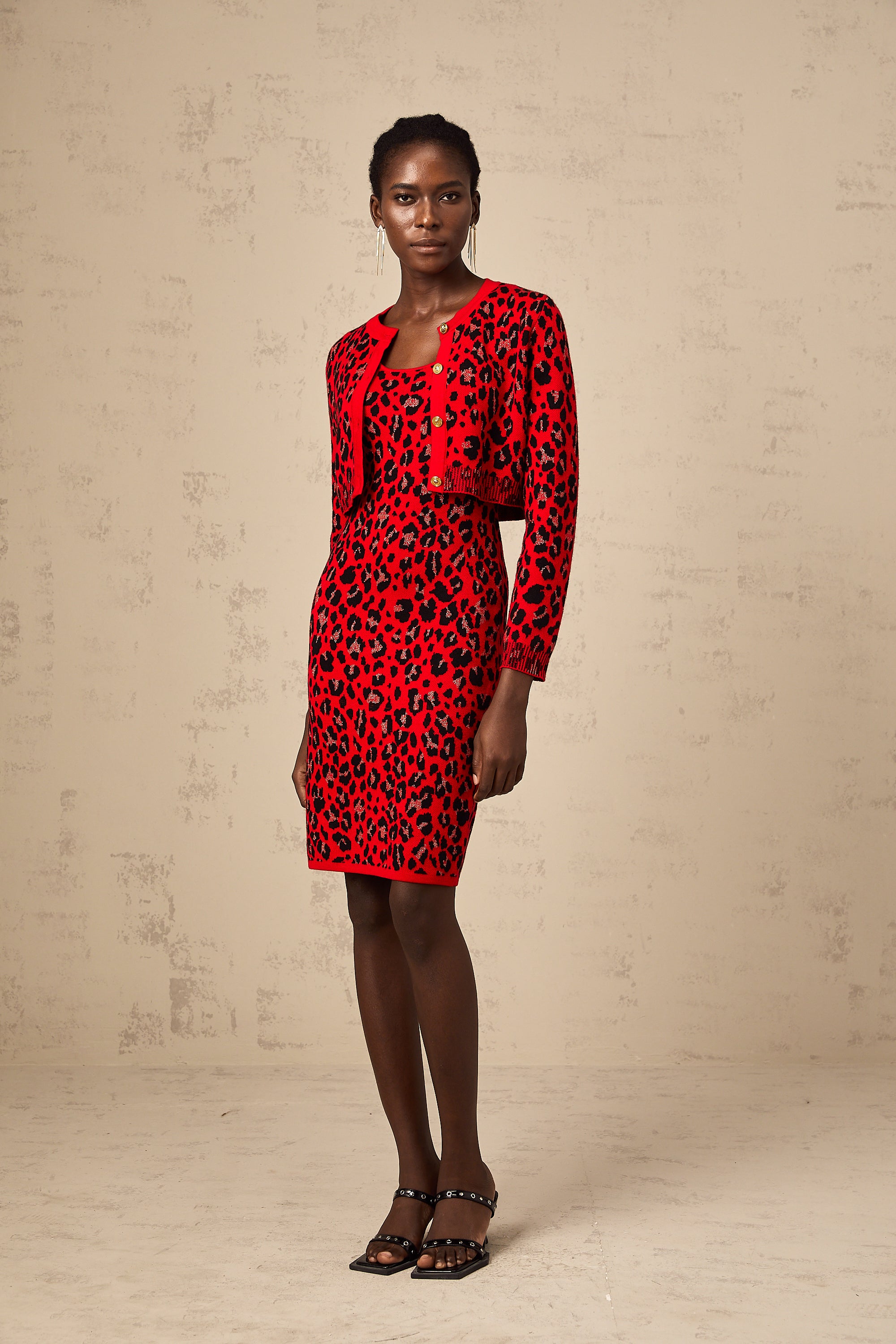 Honorine red leopard-print lurex cardigan