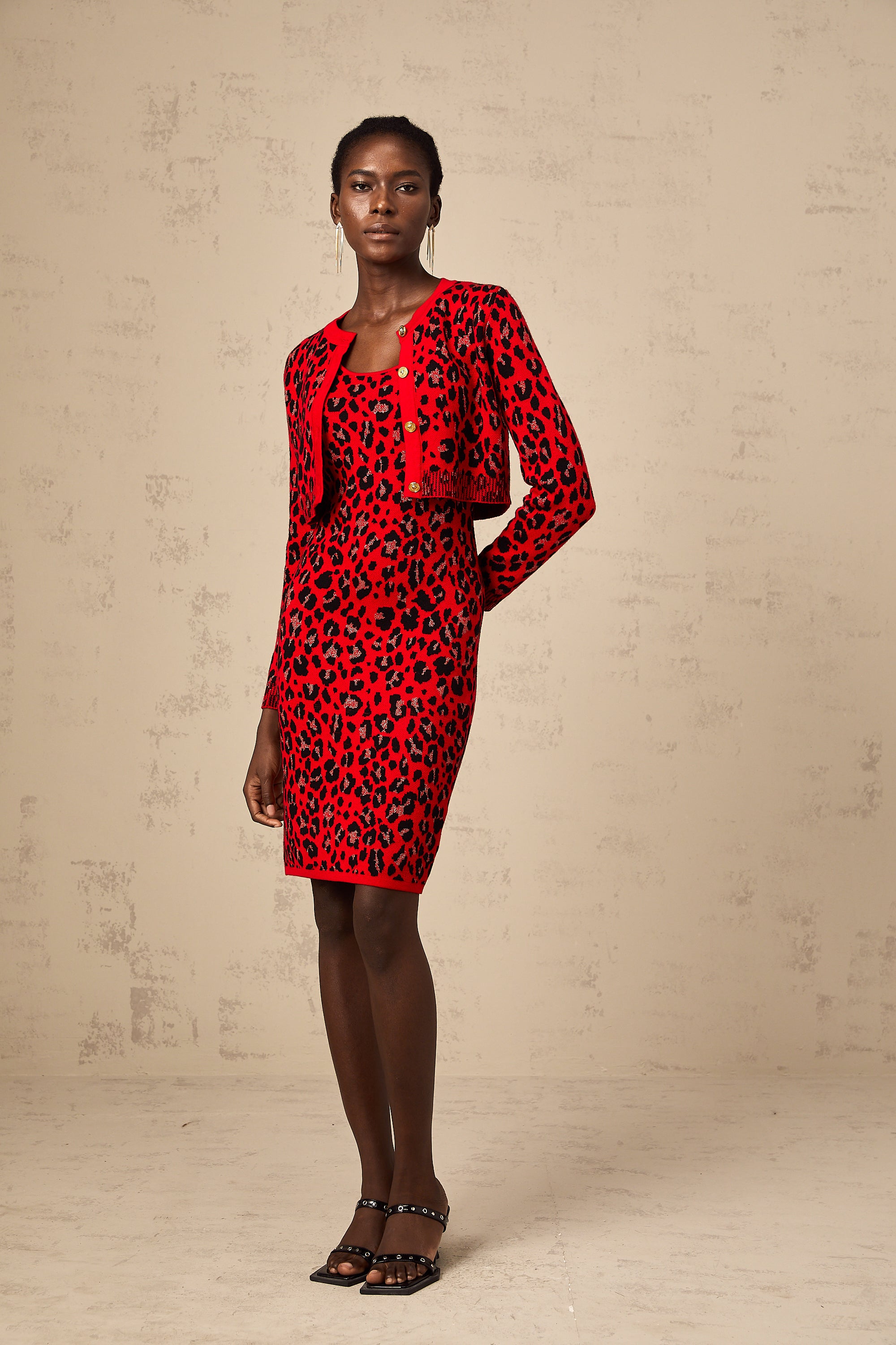 Honorine red leopard-print lurex cardigan