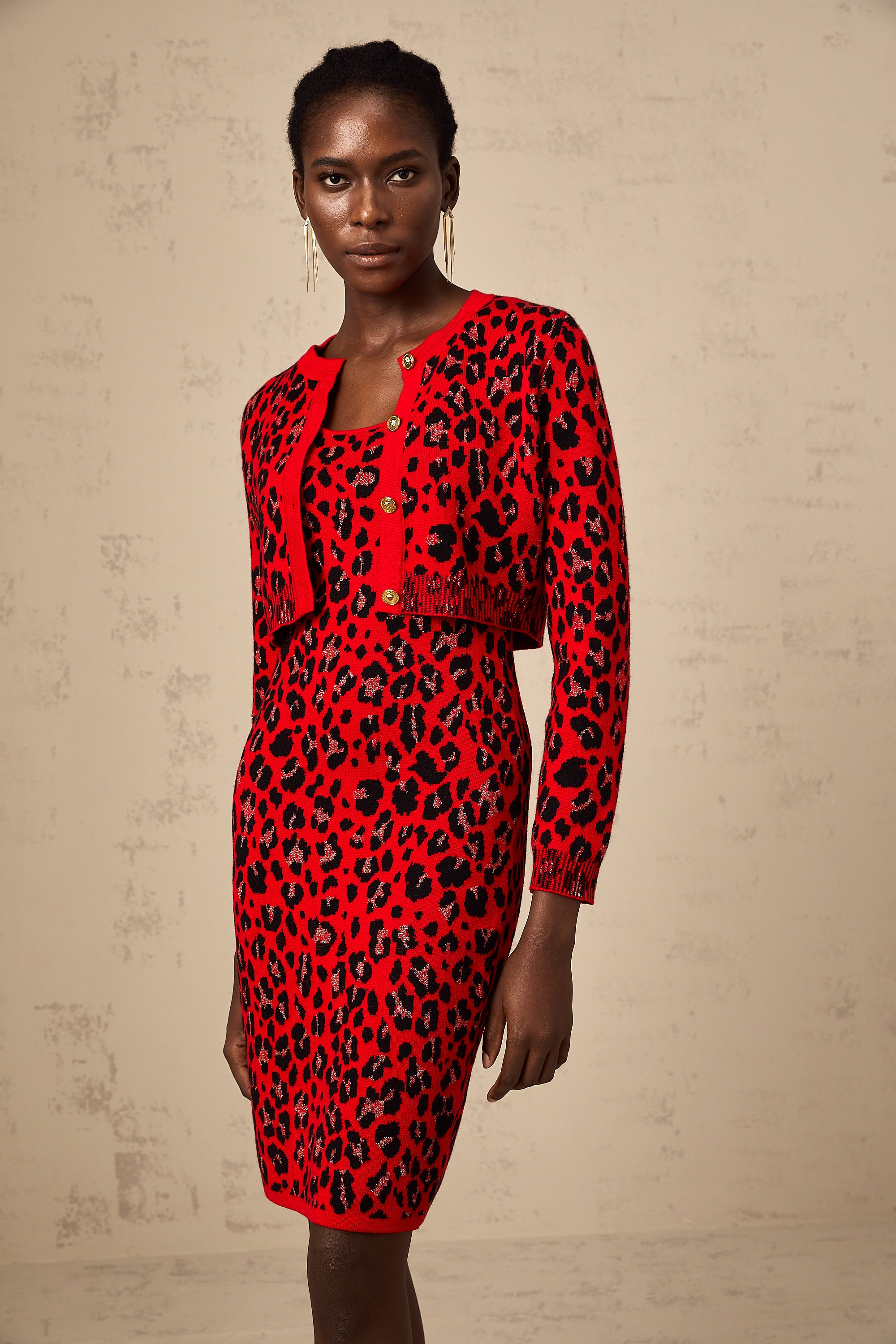 Honorine red leopard-print lurex cardigan