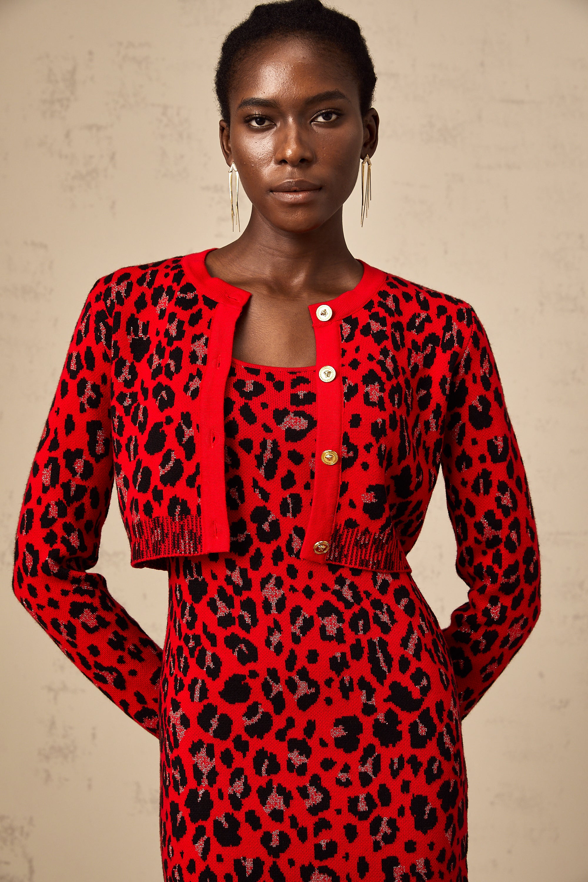 Honorine red leopard-print lurex cardigan