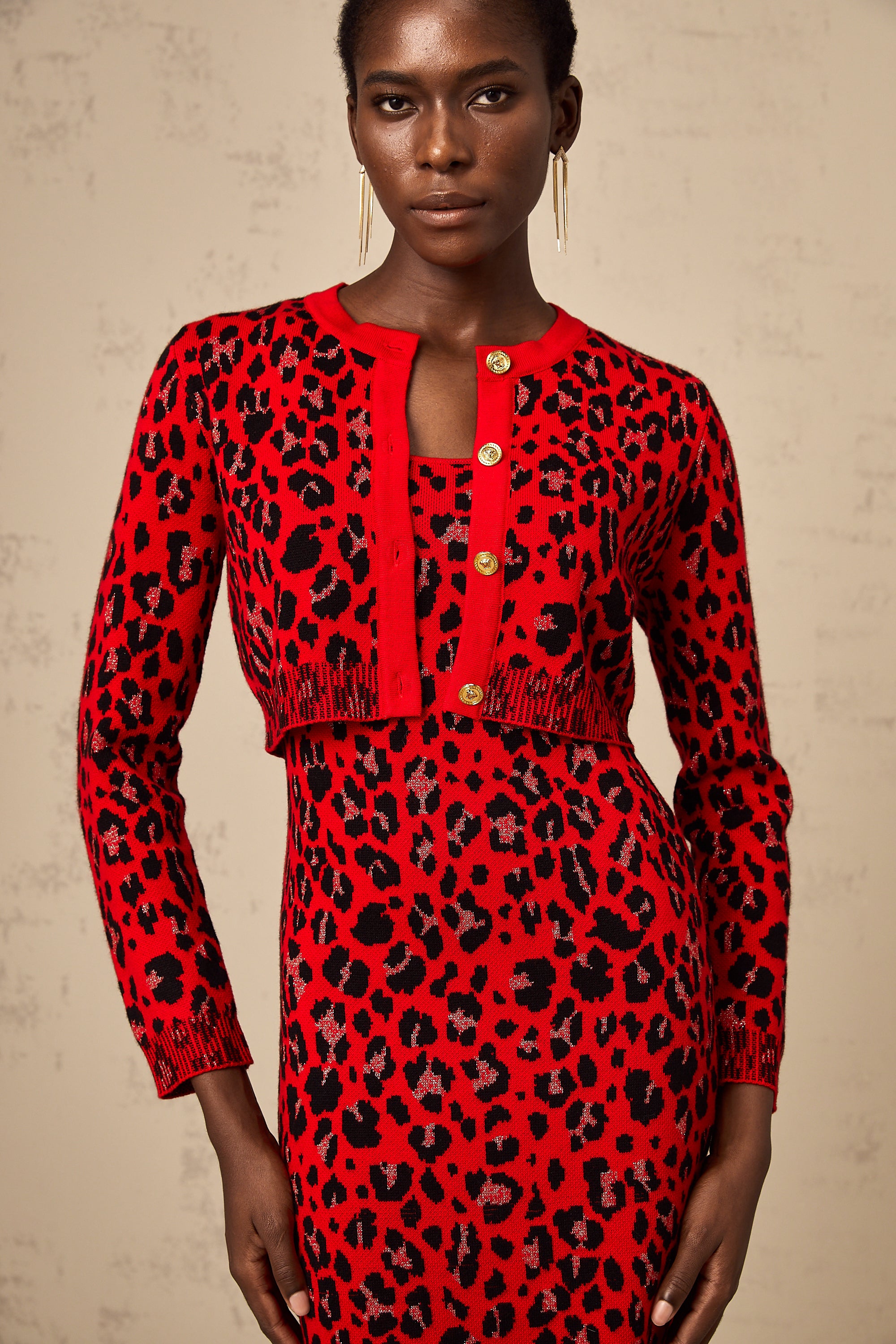 Honorine red leopard-print lurex cardigan