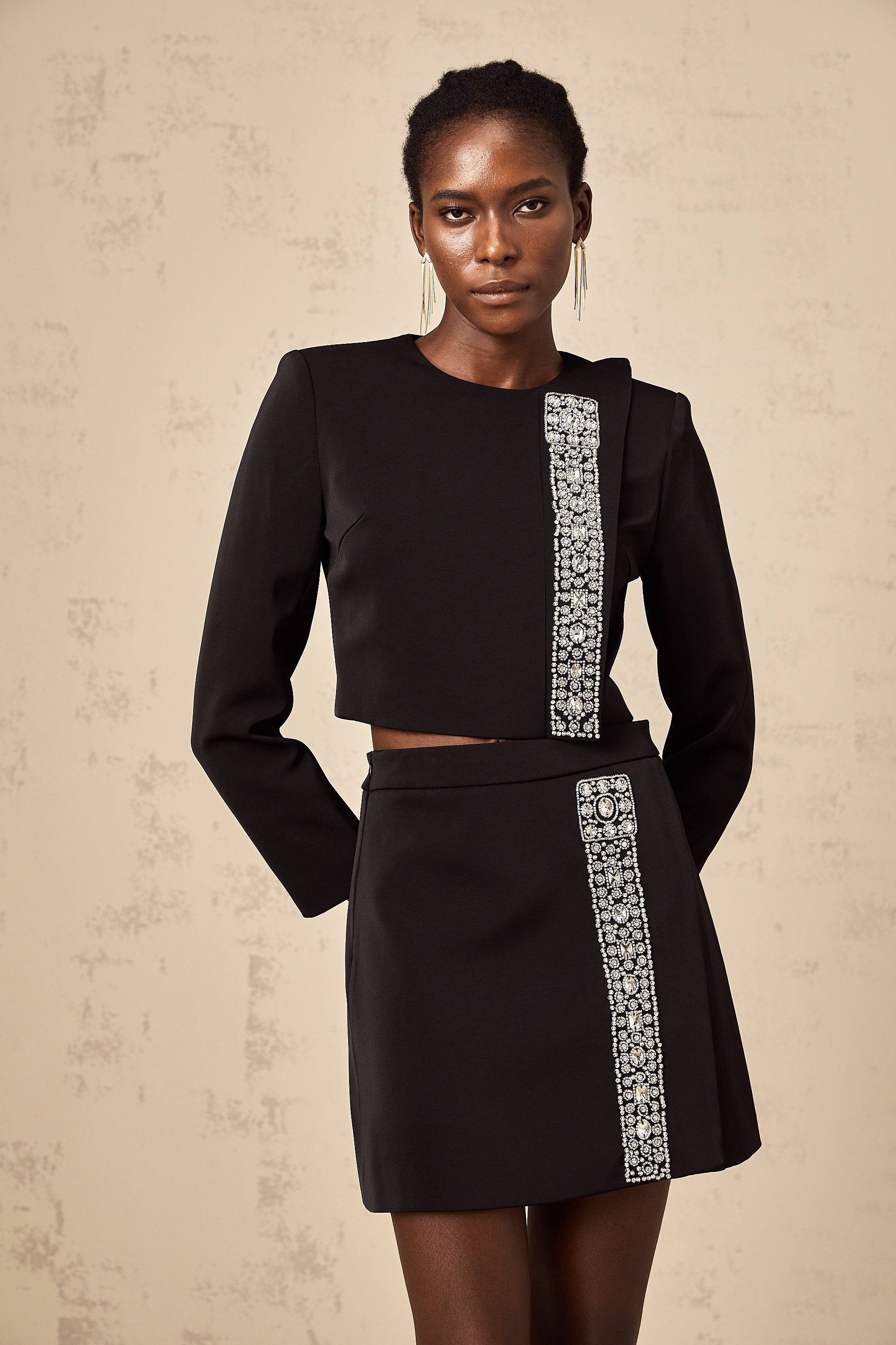 Nadia black crystal-embellished top & skirt matching set