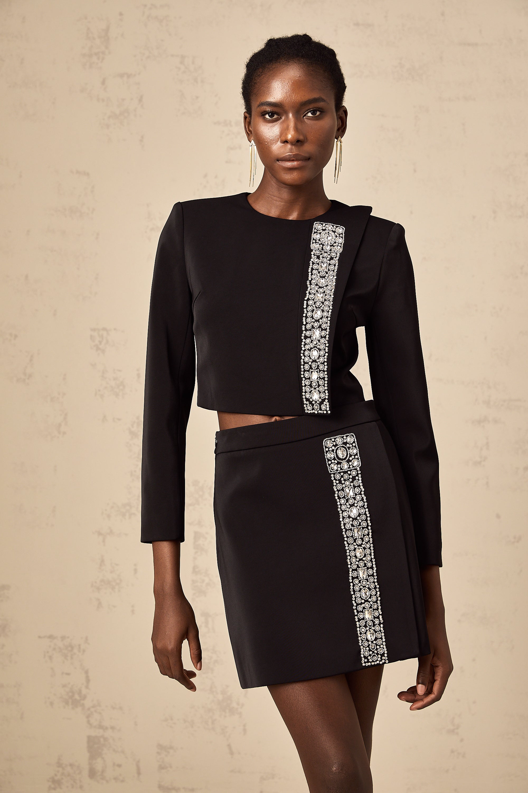 Nadia black crystal-embellished top & skirt matching set