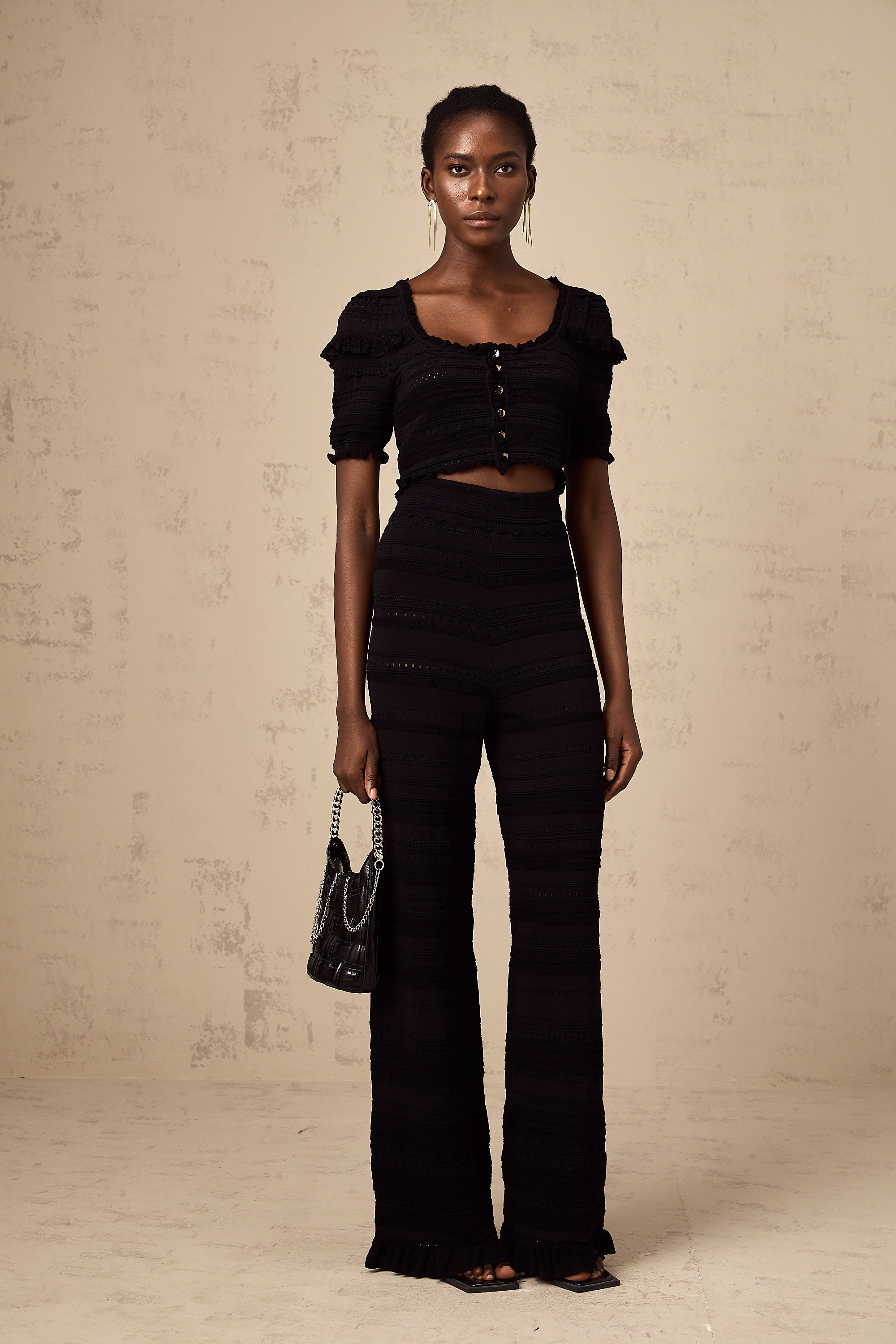 Charlotte black knitted ruffled top & trousers matching set