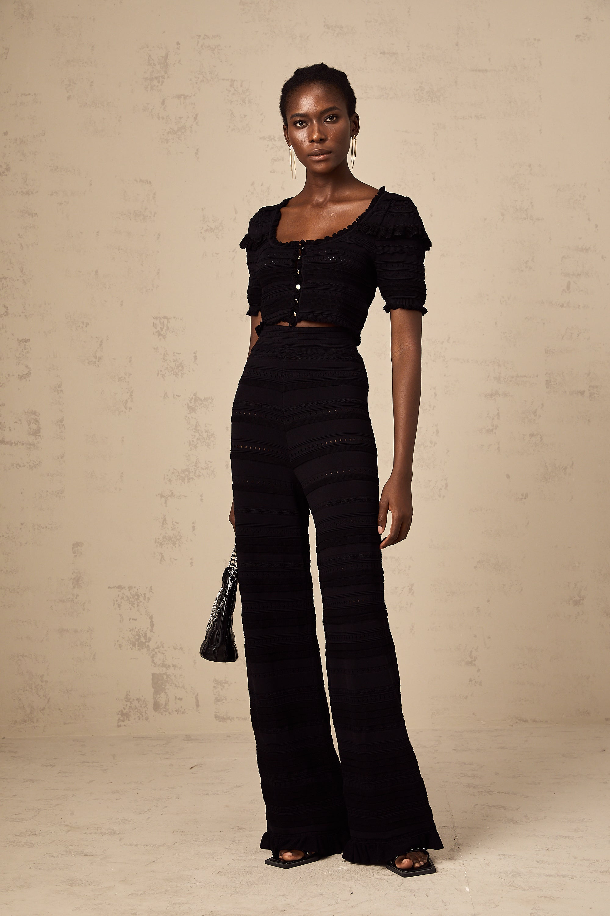 Charlotte black knitted ruffled top & trousers matching set