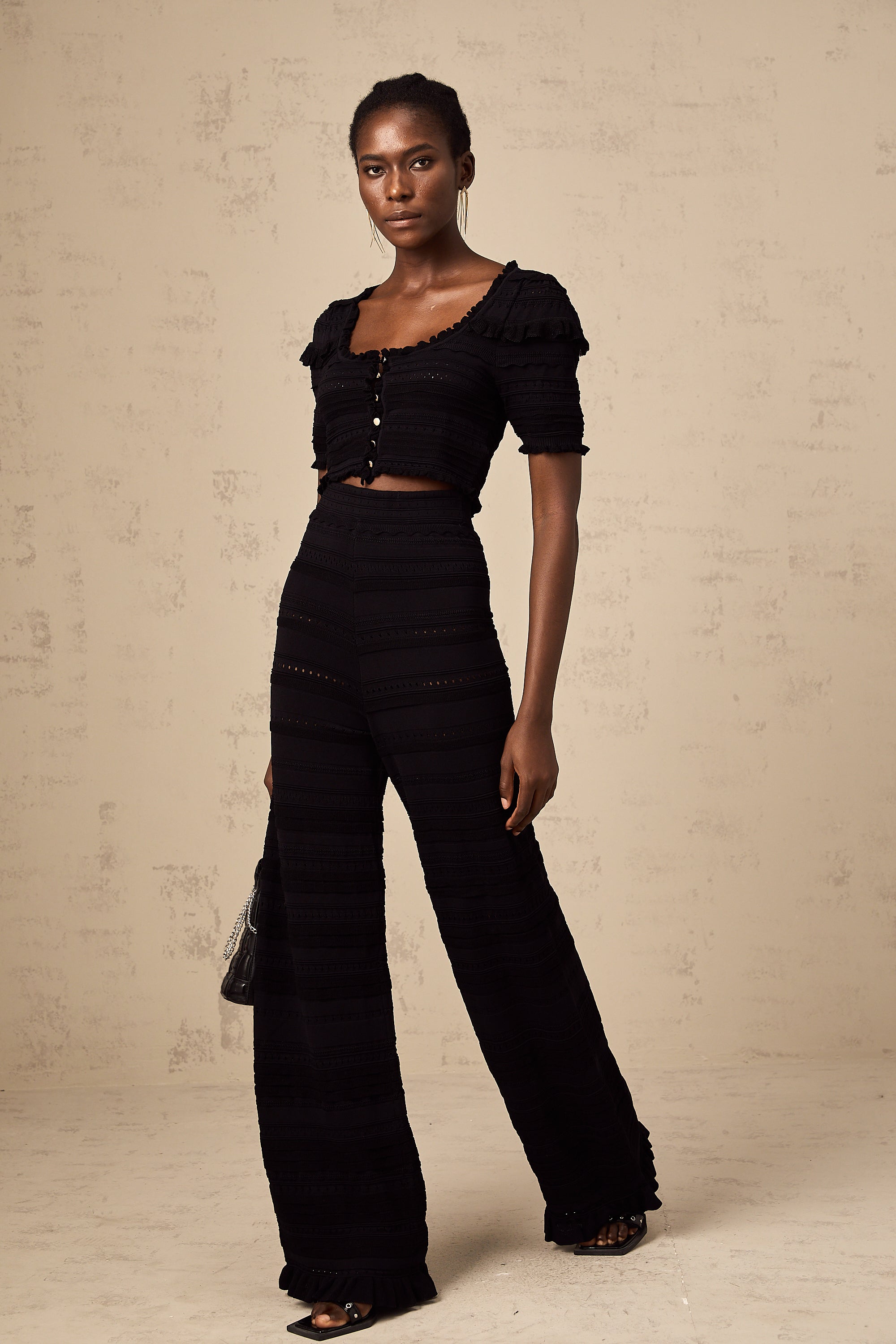 Charlotte black knitted ruffled top & trousers matching set