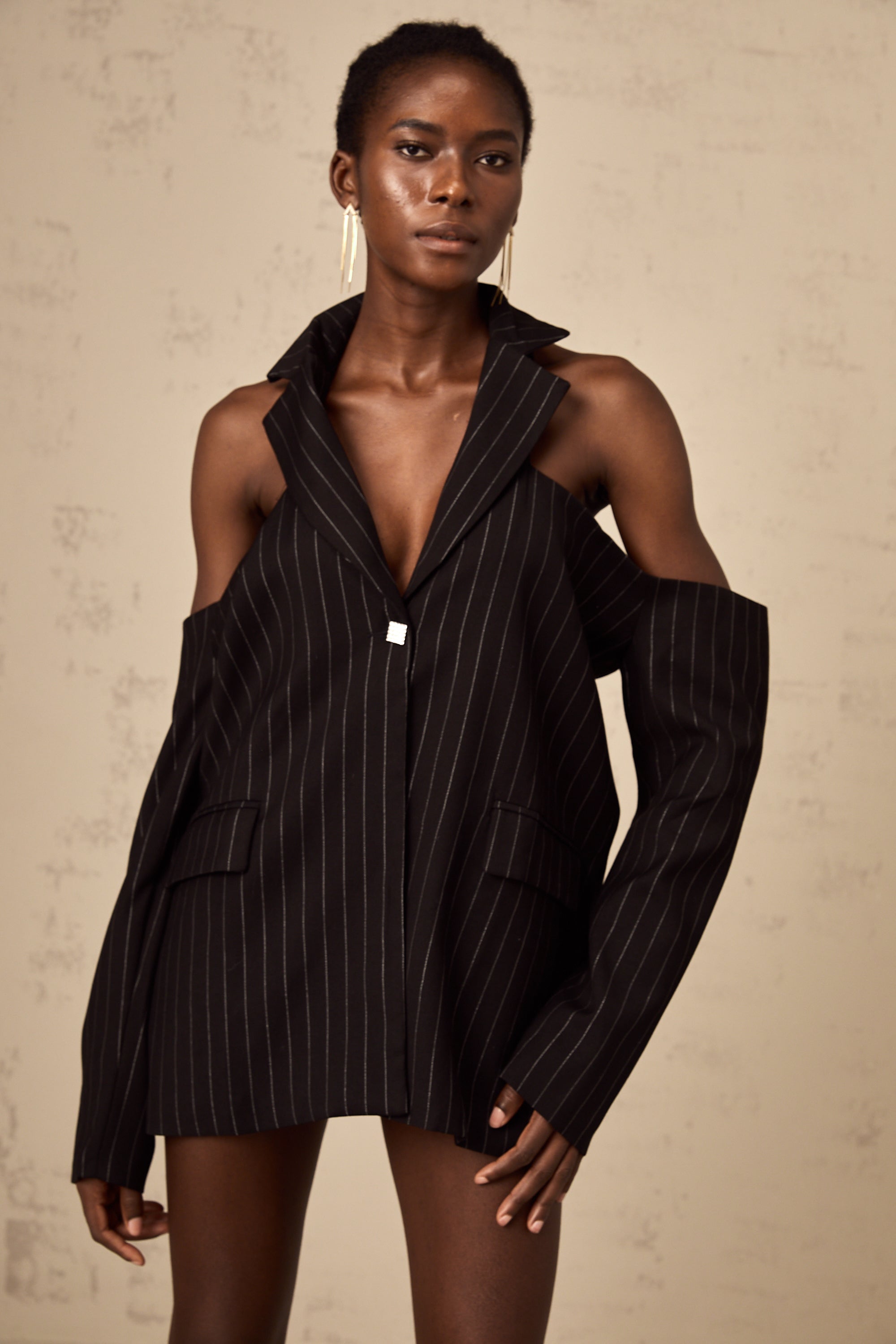 Stefania black striped open-back blazer