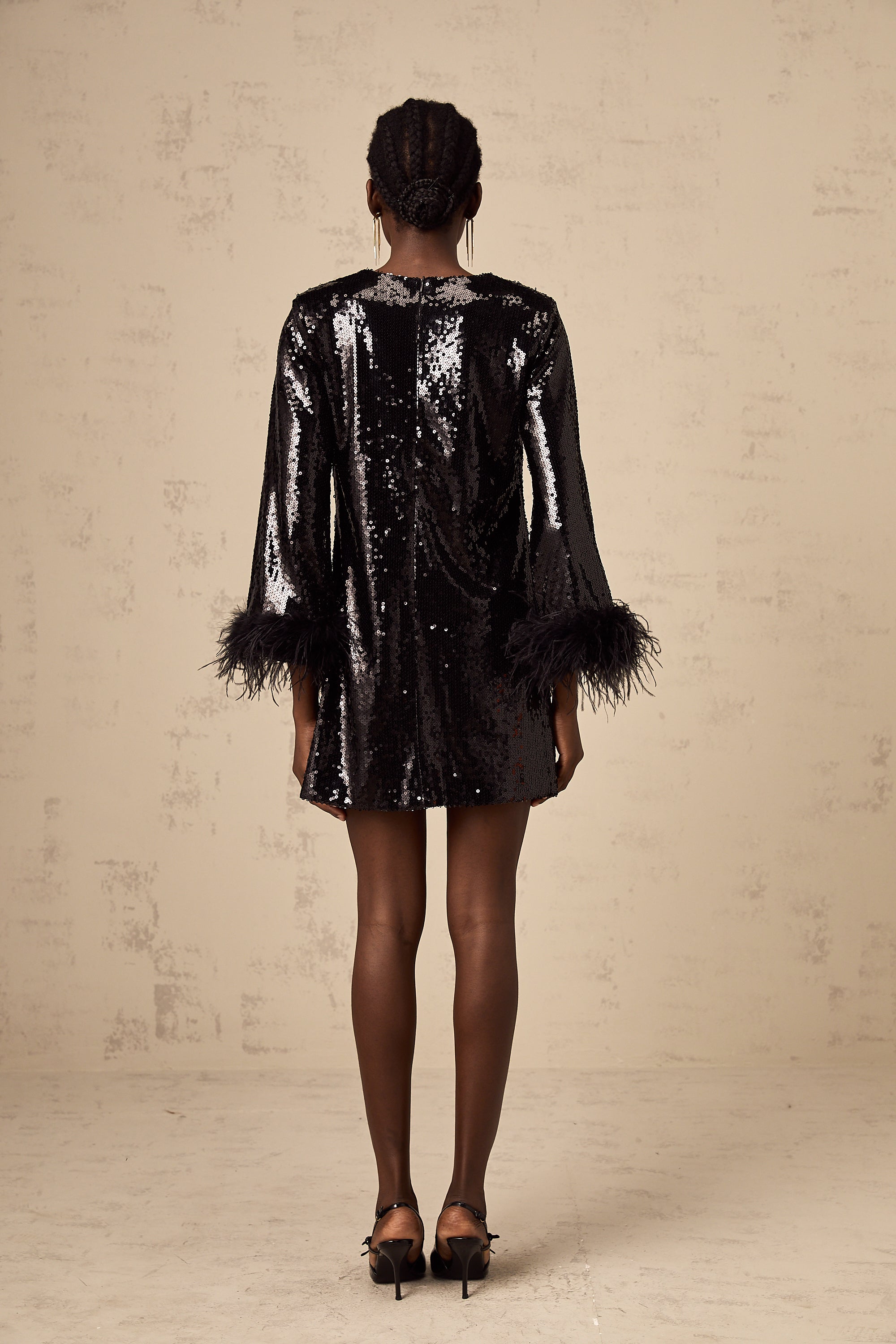 Kina black feather-cuff sequined mini dress