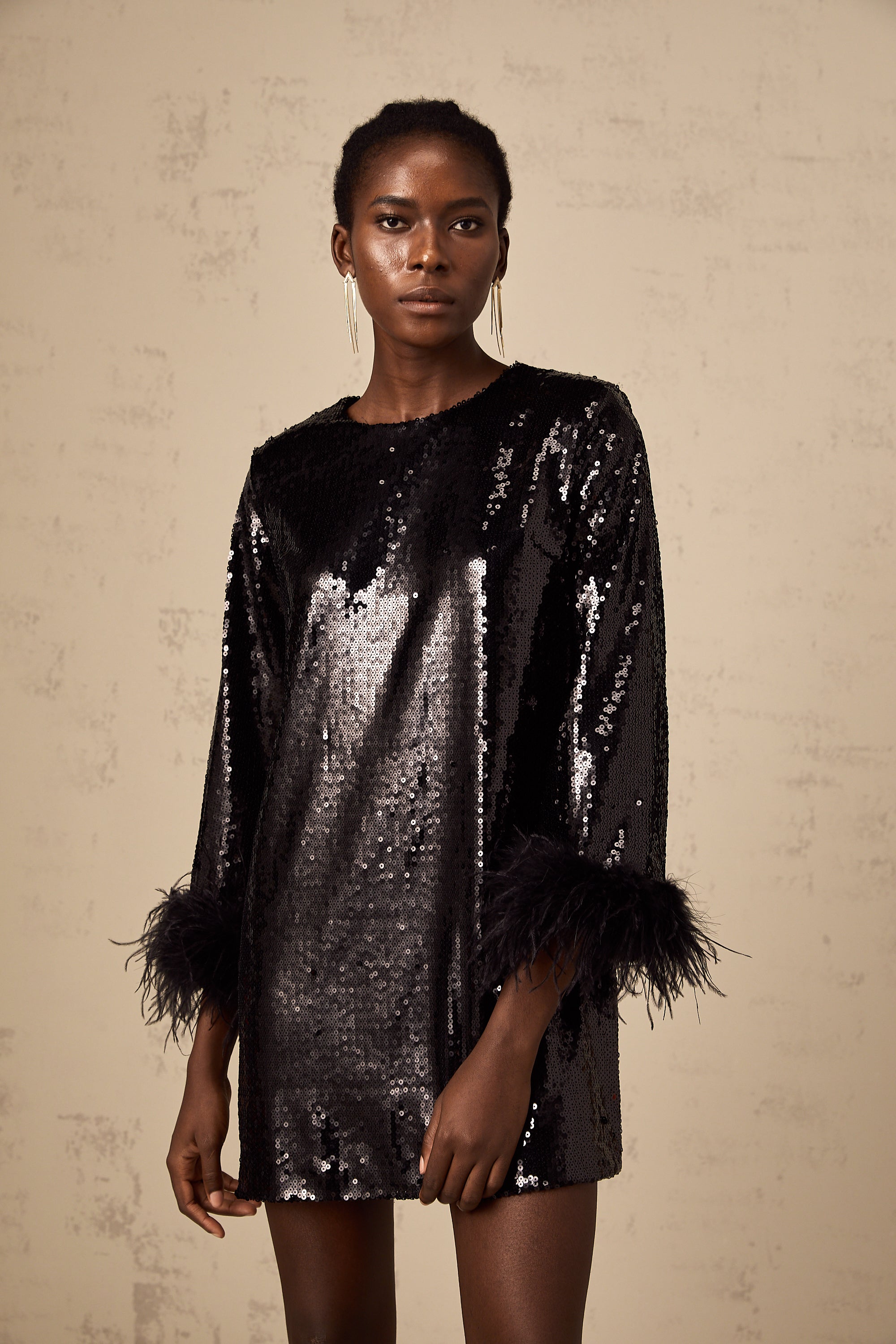 Kina black feather-cuff sequined mini dress