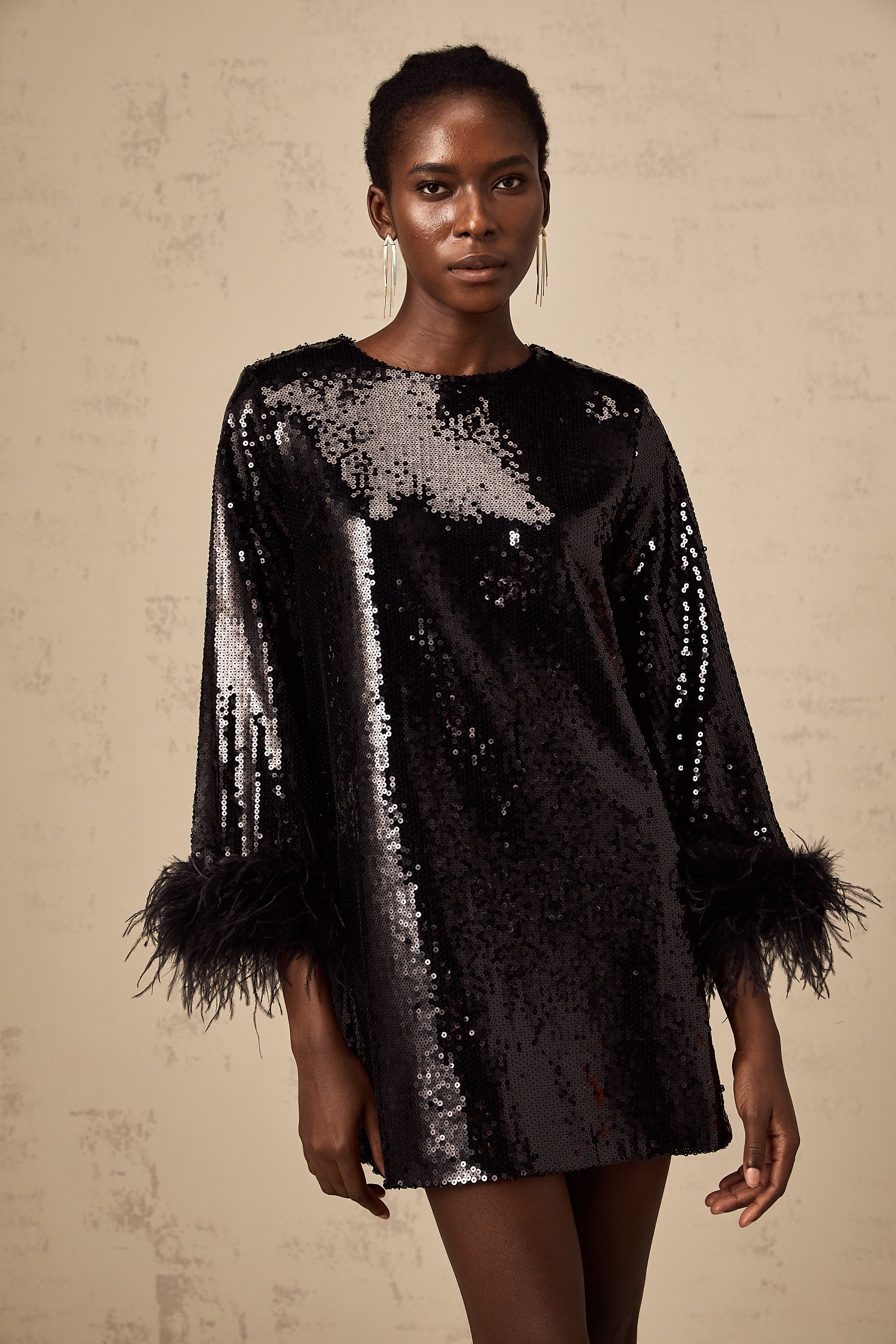 Kina black feather-cuff sequined mini dress