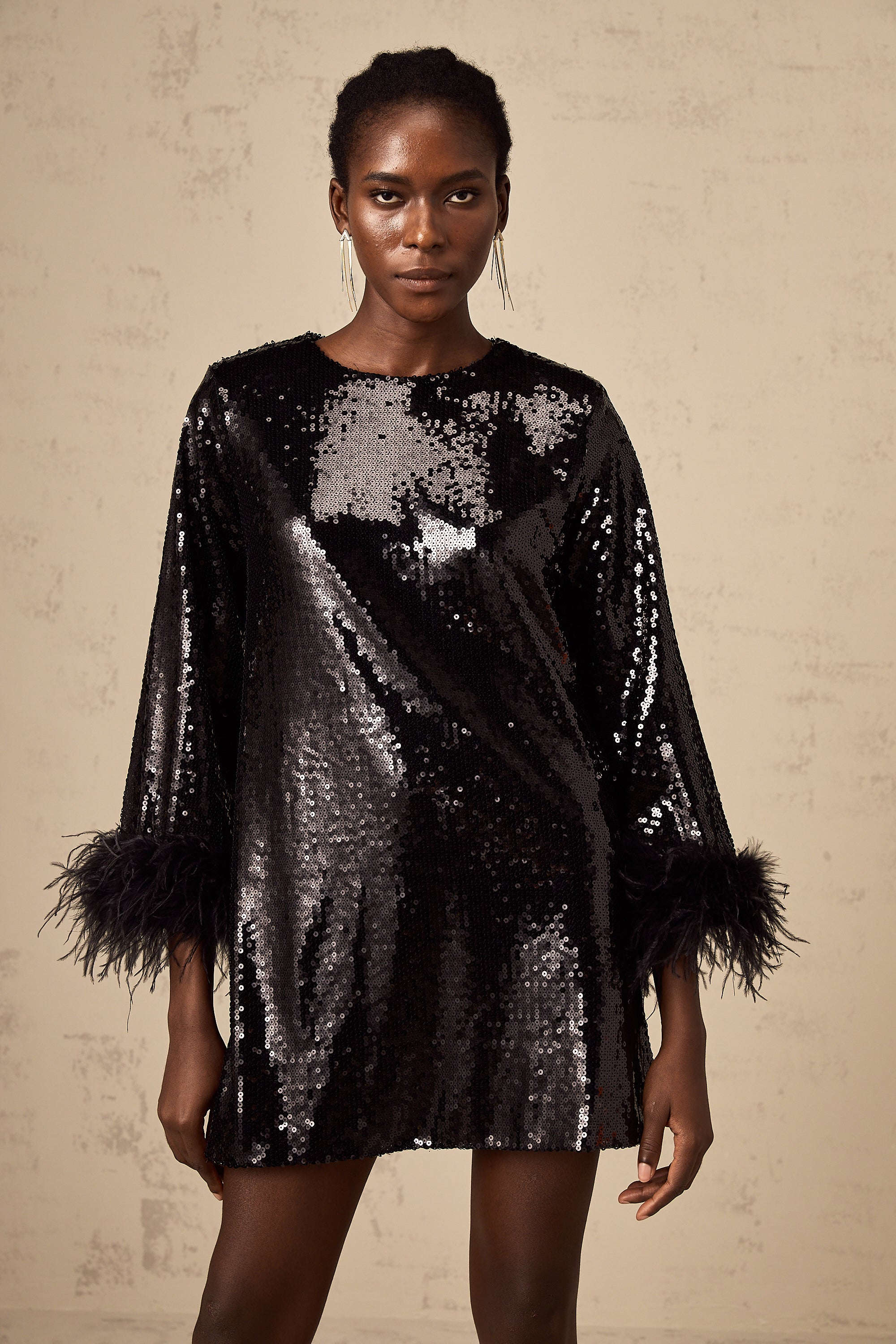 Kina black feather-cuff sequined mini dress