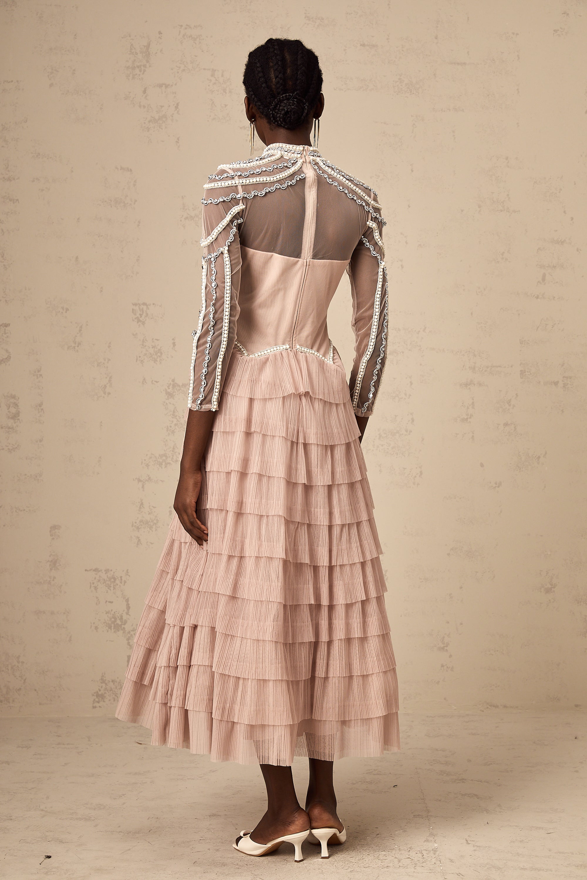 Paula pink bead tiered semi-sheer gown