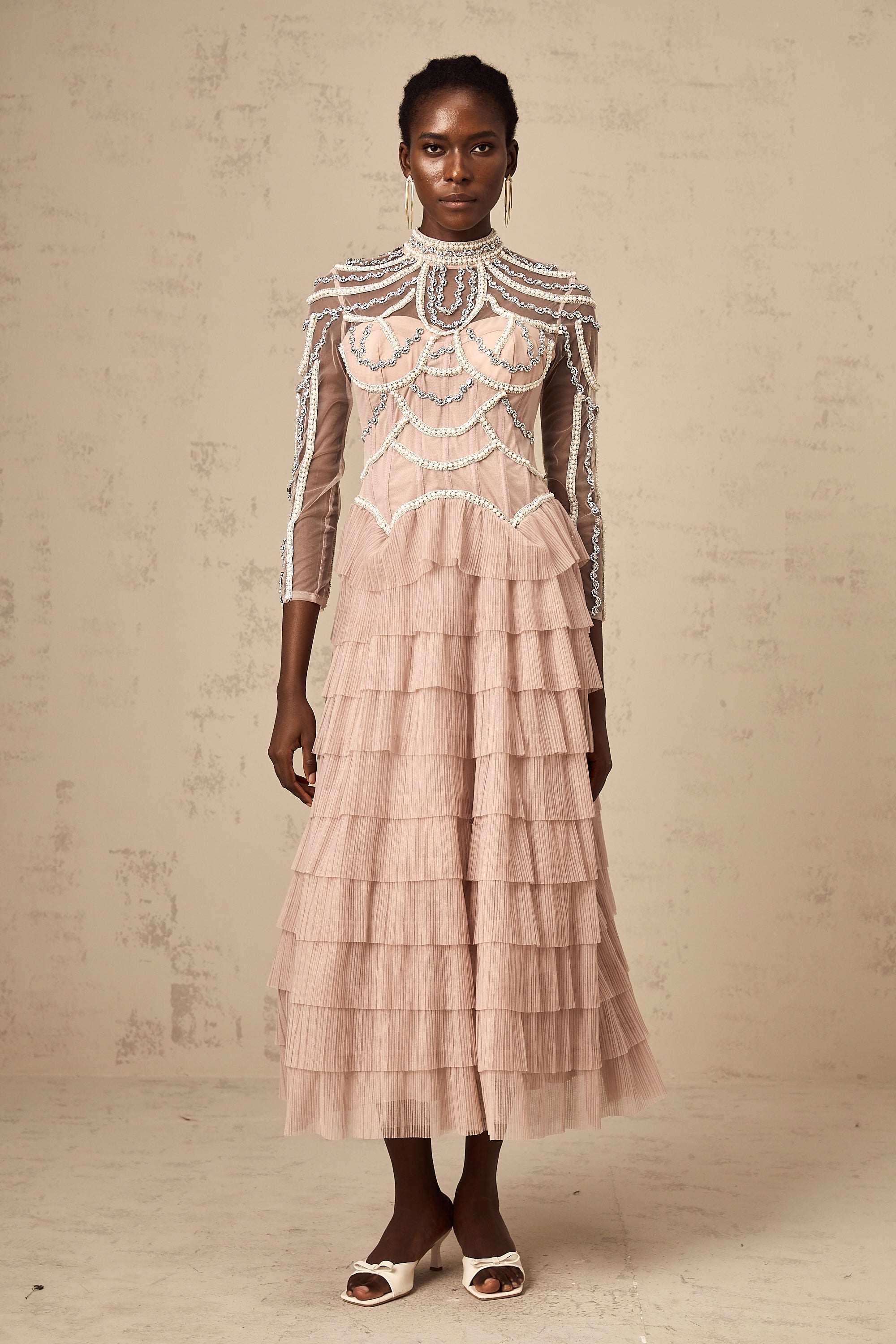 Paula pink bead tiered semi-sheer gown